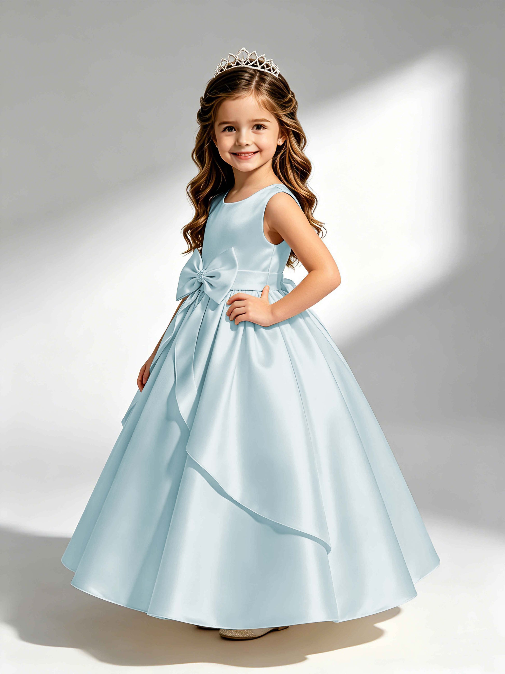 Satin Flower Girl Dress with Bow Princess Girls Pageant Gowns