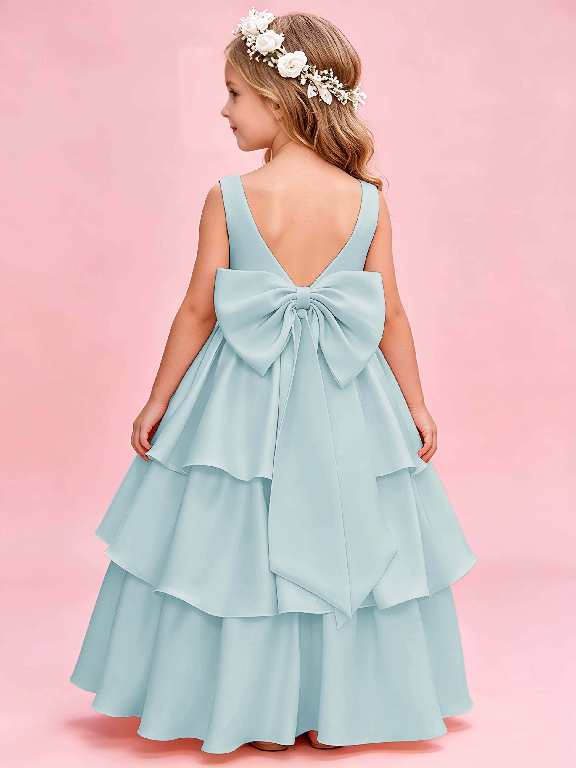 Tiered Flower Girl Dress with Bow Princess Girls Pageant Gowns