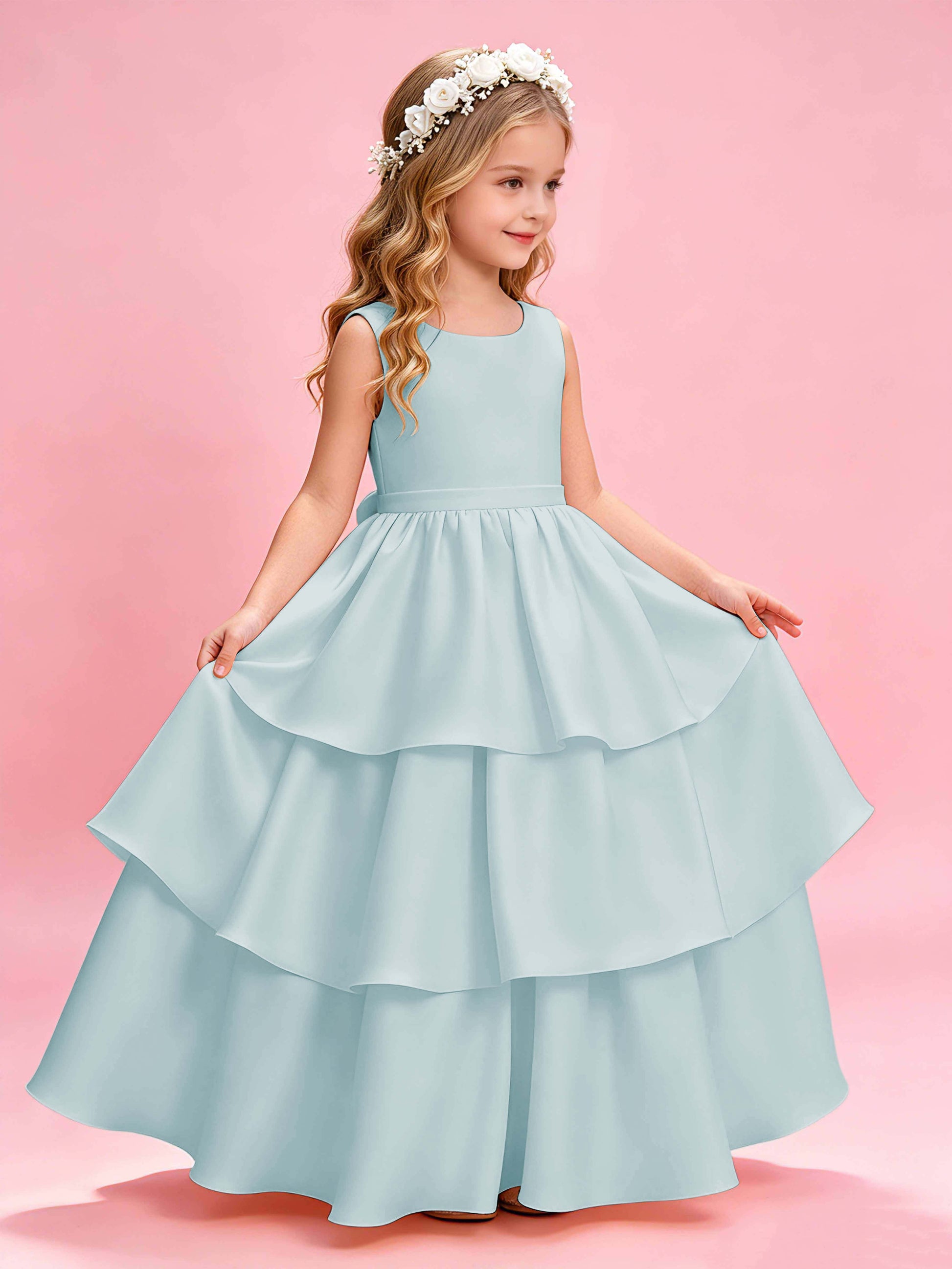 Tiered Flower Girl Dress with Bow Princess Girls Pageant Gowns