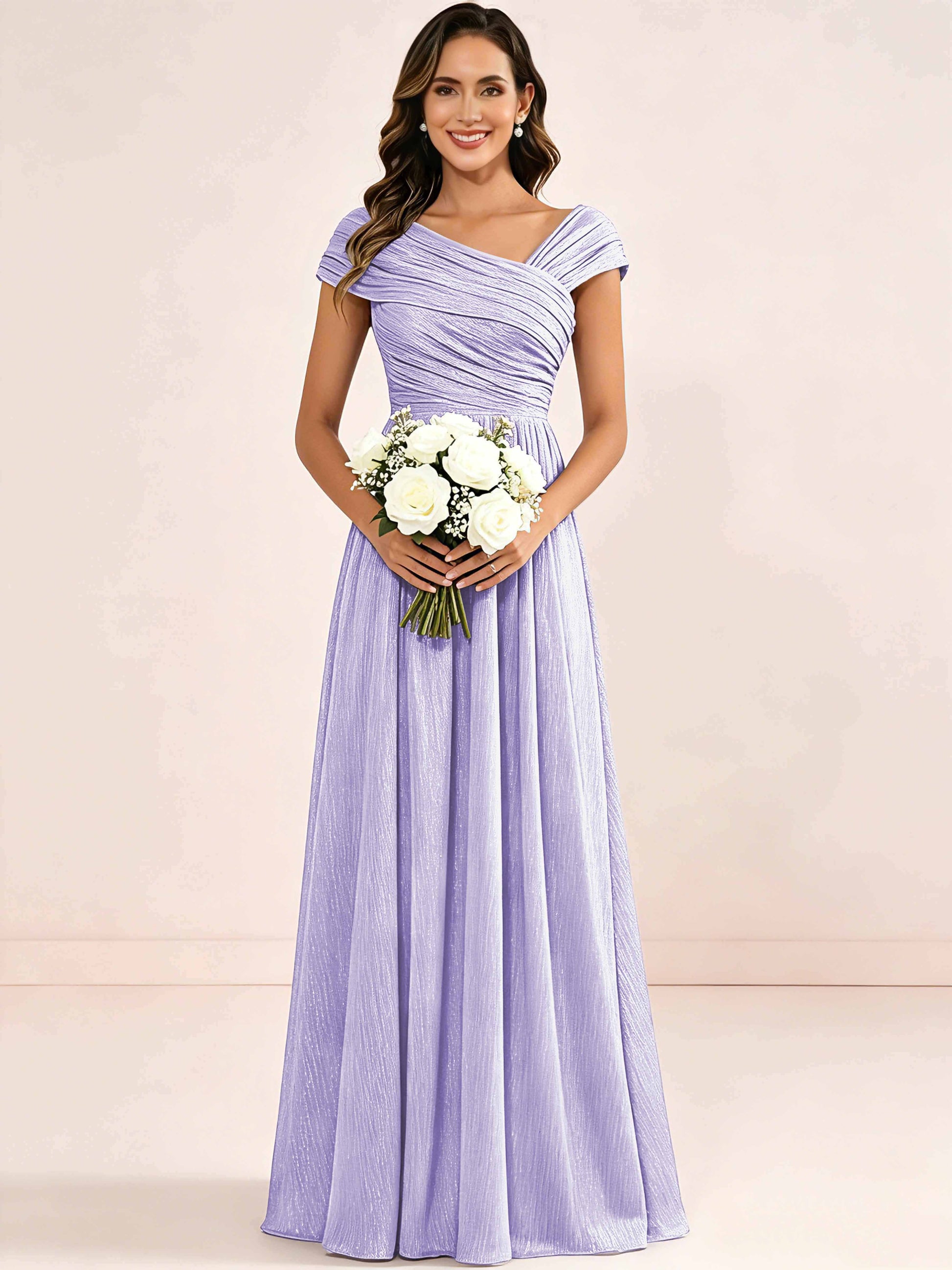 Shiny Striped Chiffon Ruched Cap Sleeve Mother of The Bride Dress