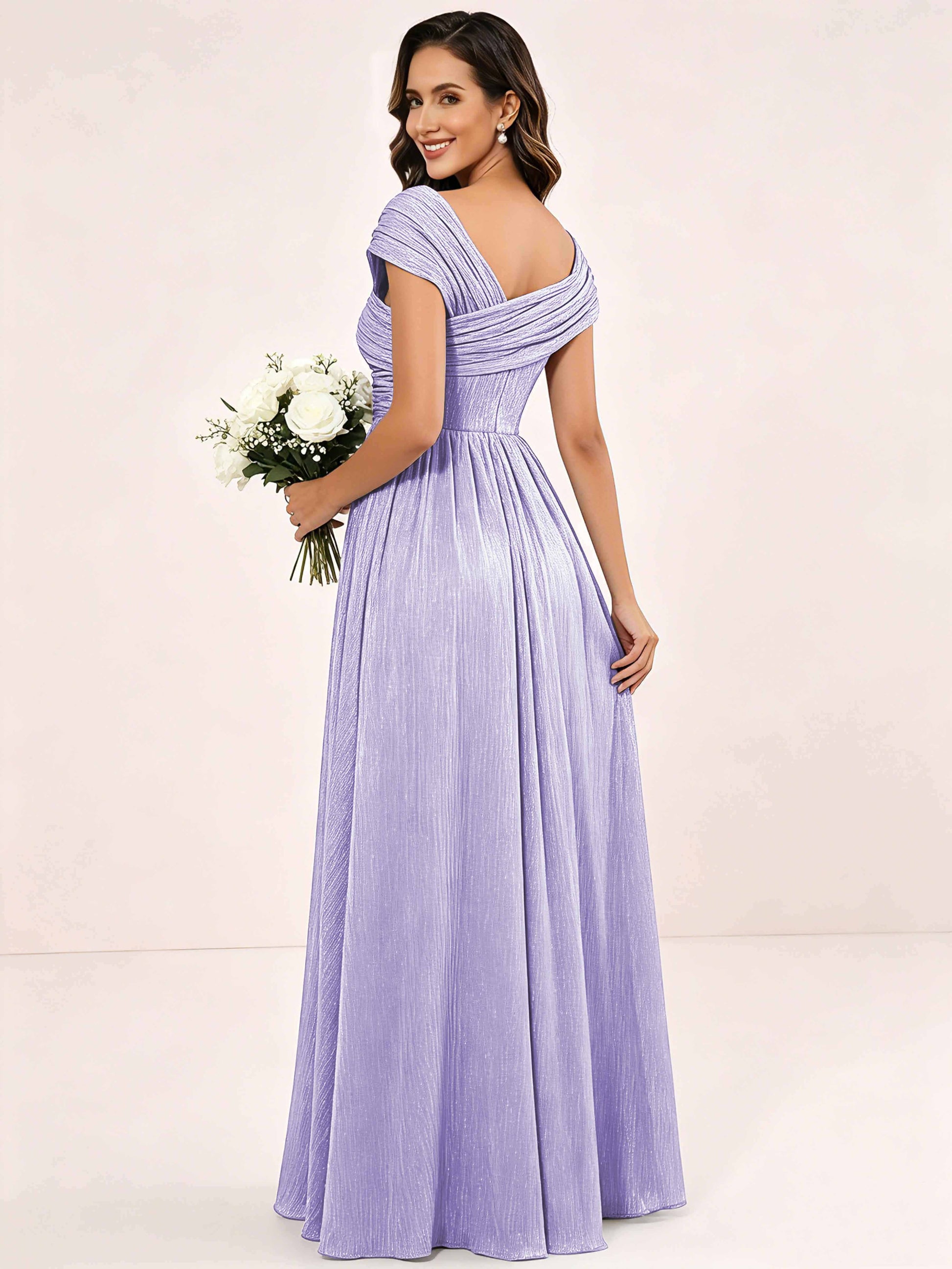 Shiny Striped Chiffon Ruched Cap Sleeve Mother of The Bride Dress