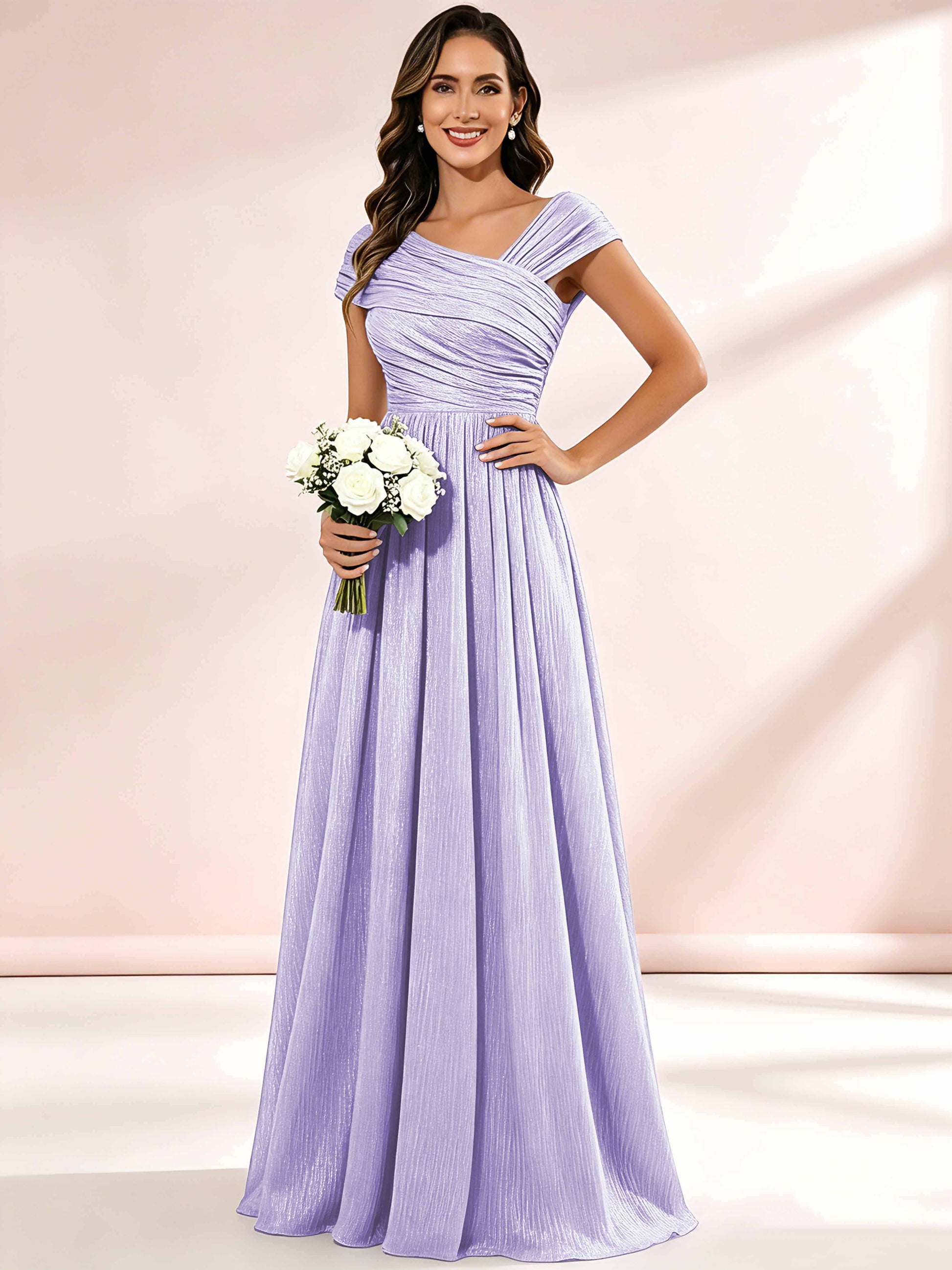 Shiny Striped Chiffon Ruched Cap Sleeve Mother of The Bride Dress