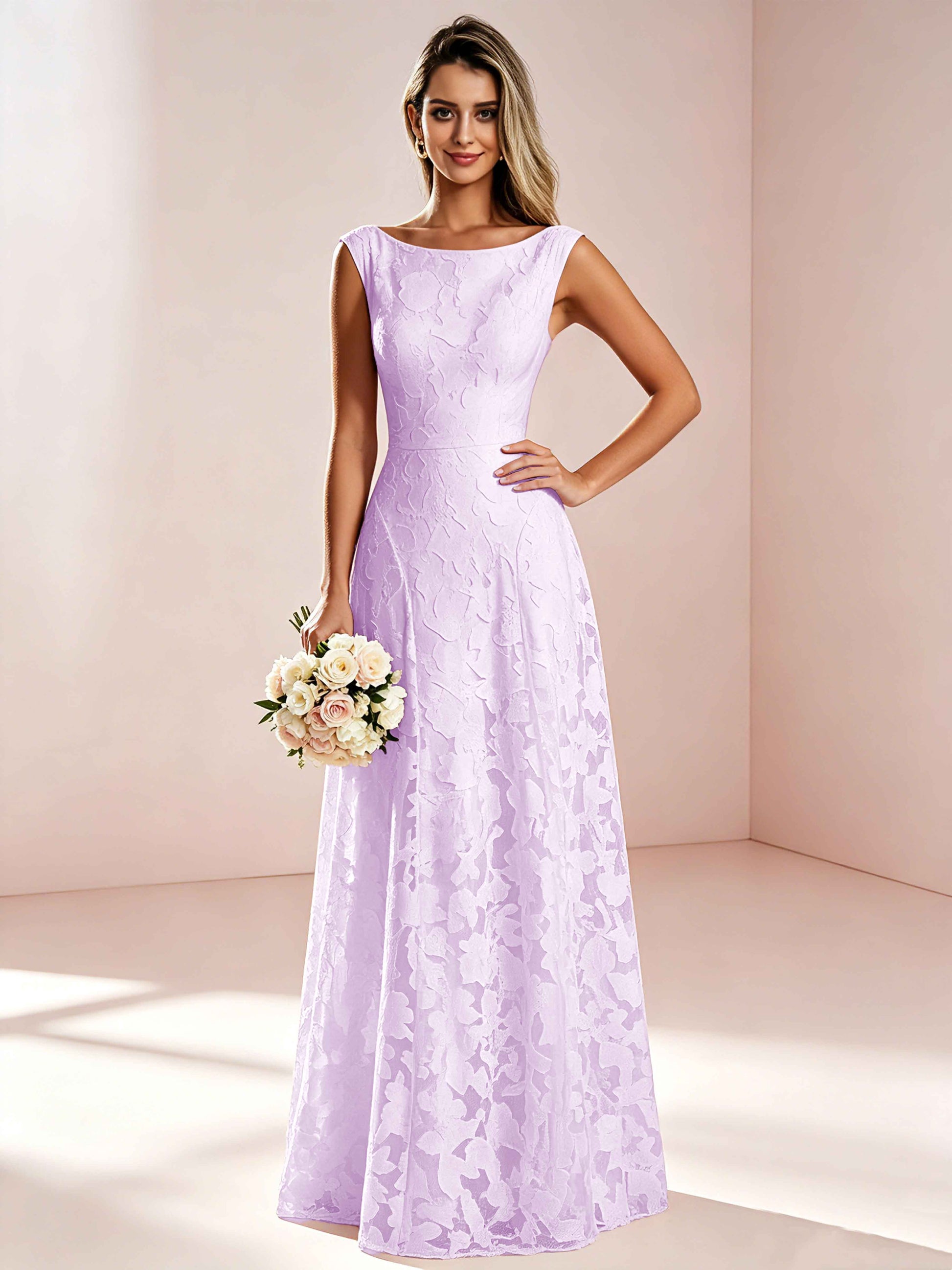 Boat Neck Jacquard Chiffon Floor Length Bridesmaid Dresses