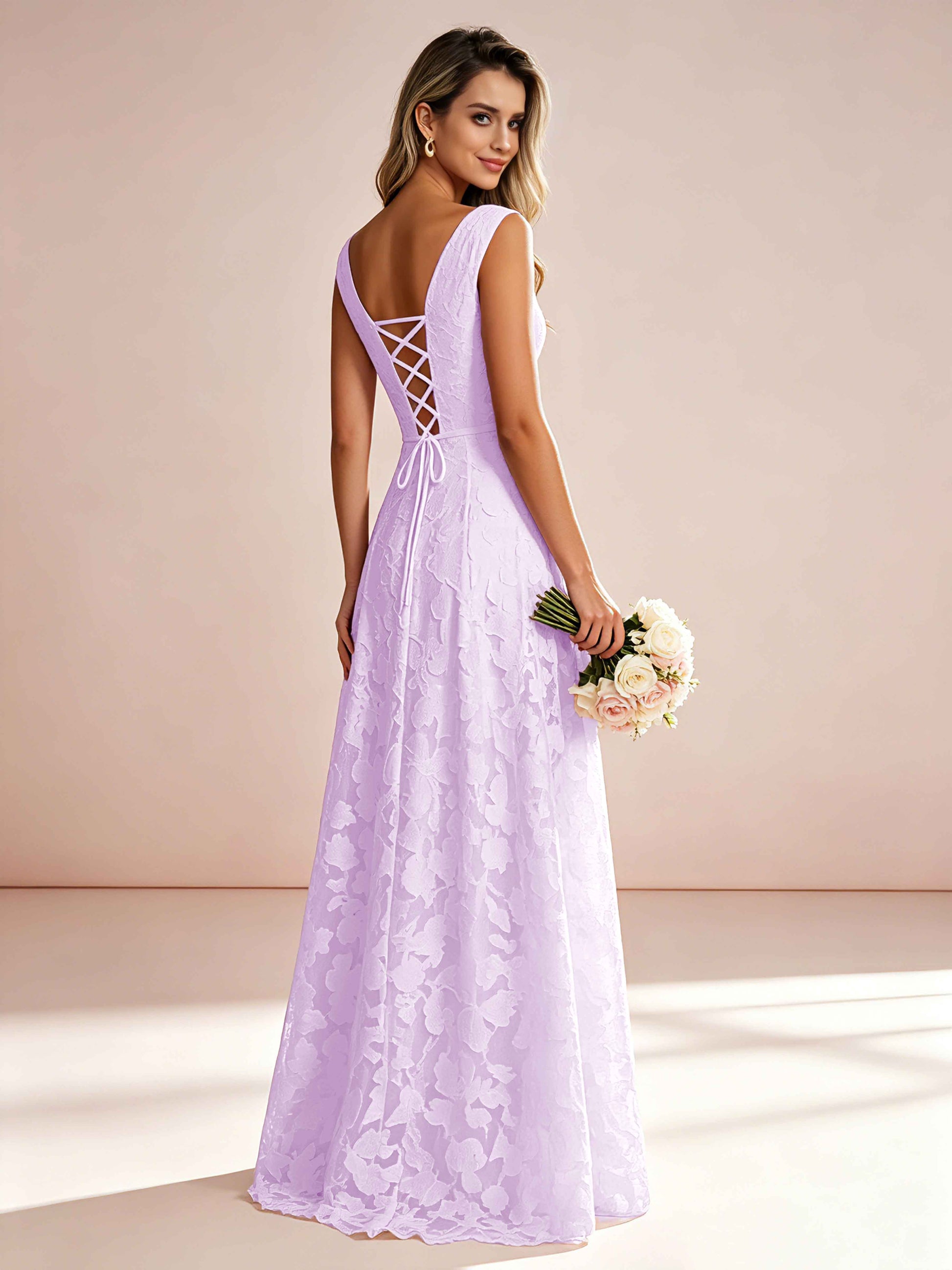 Boat Neck Jacquard Chiffon Floor Length Bridesmaid Dresses