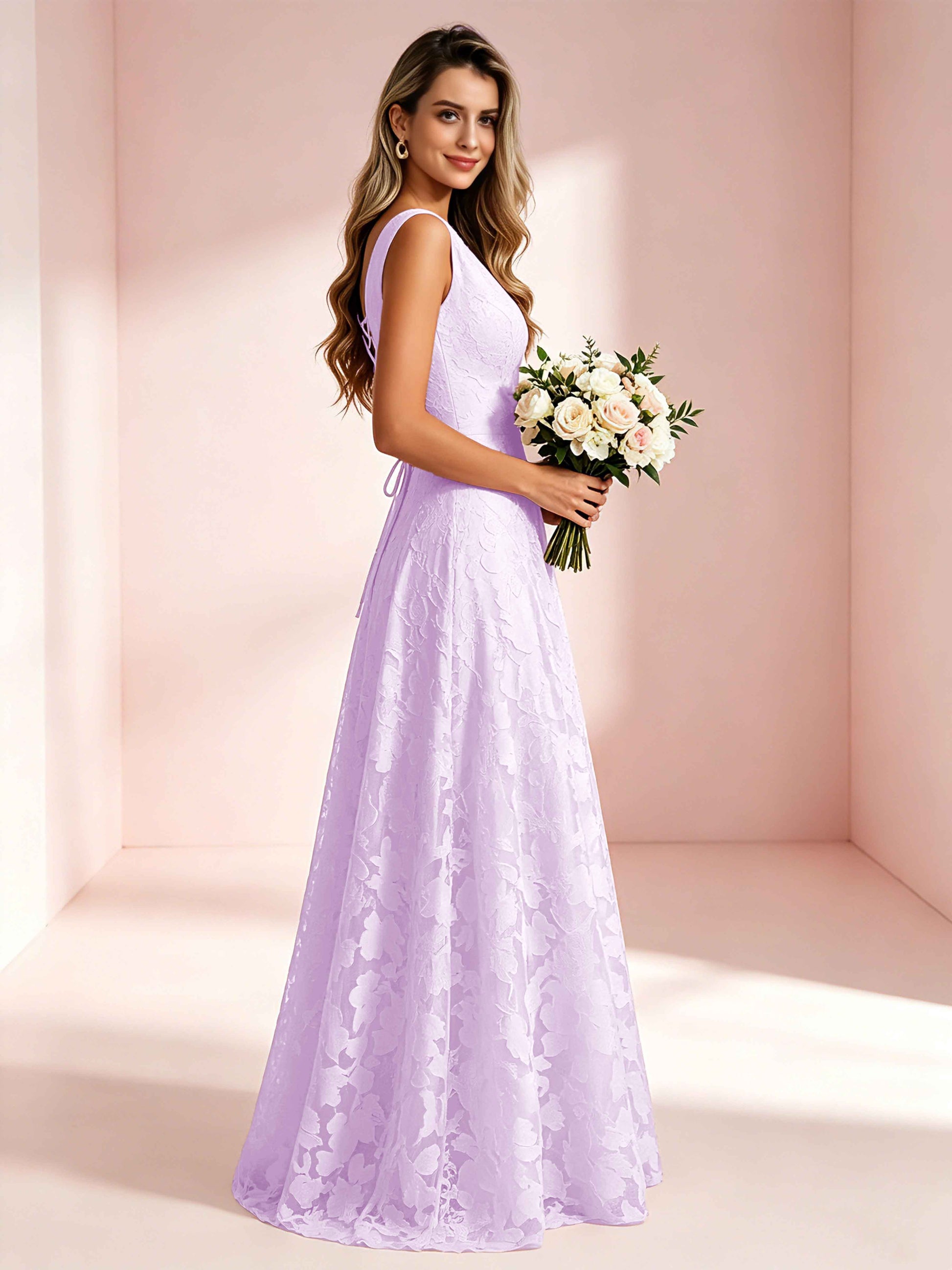 Boat Neck Jacquard Chiffon Floor Length Bridesmaid Dresses