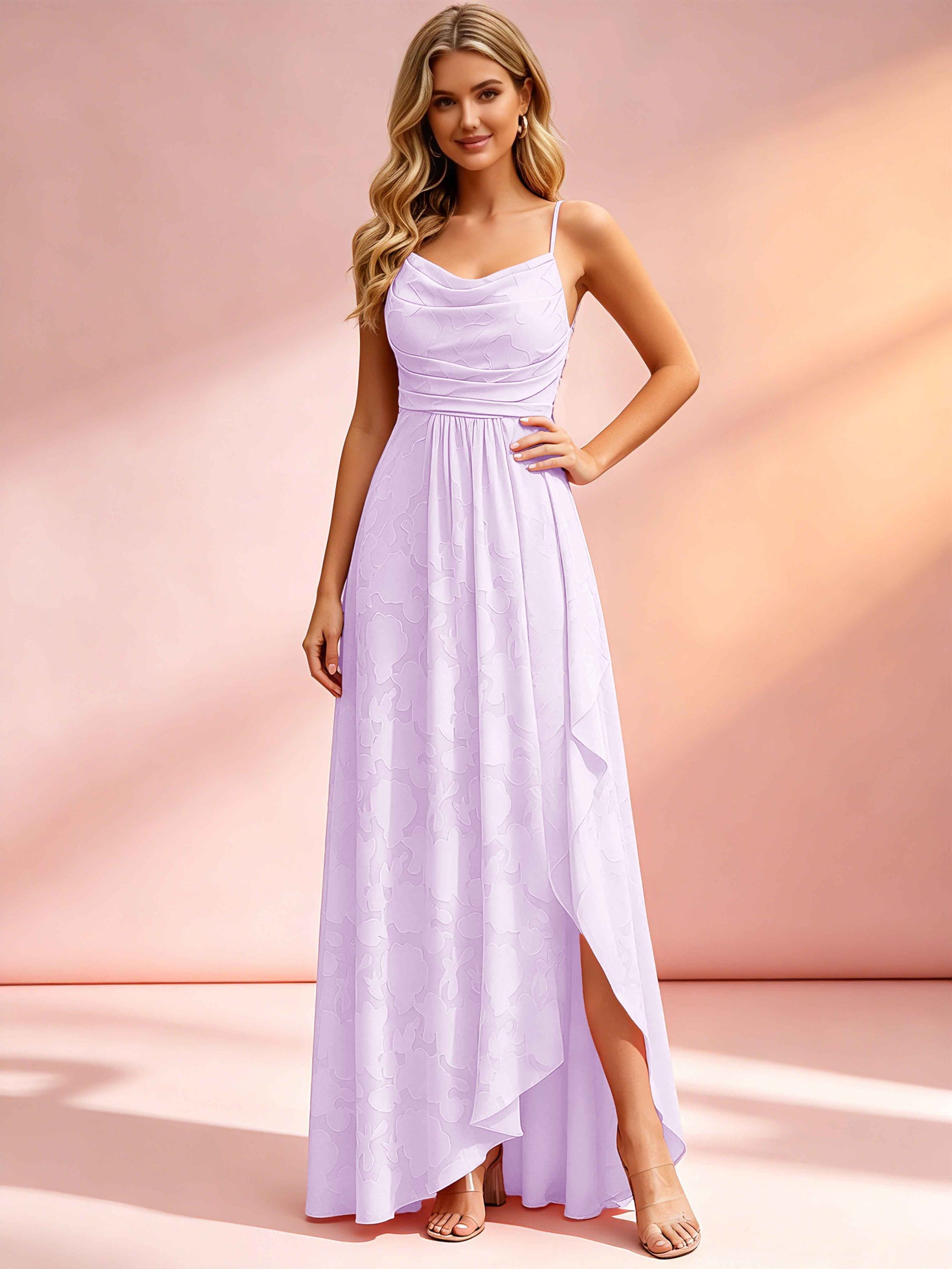 Jacquard Chiffon Cowl Neck Bridesmaid Dresses with Ruffle Slit