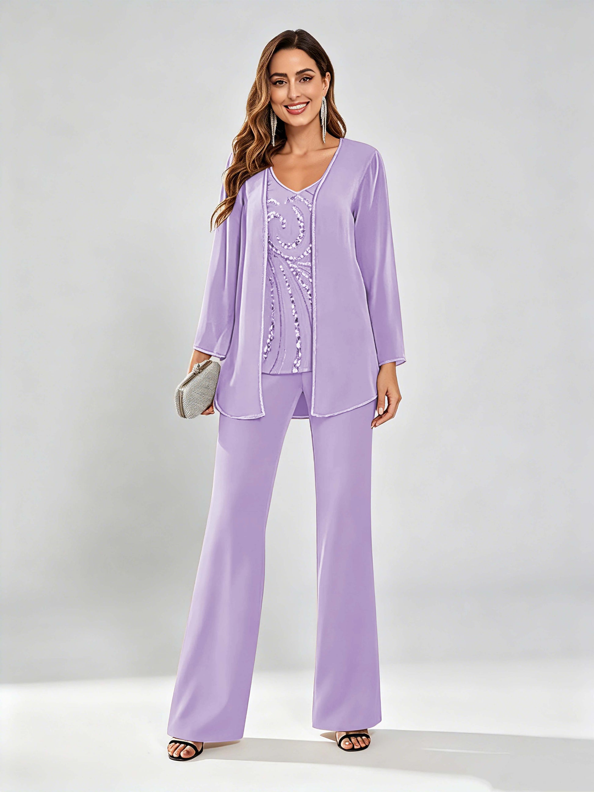 Chiffon Sequin 3 Pieces Mother of The Bride Pant Suits for Women