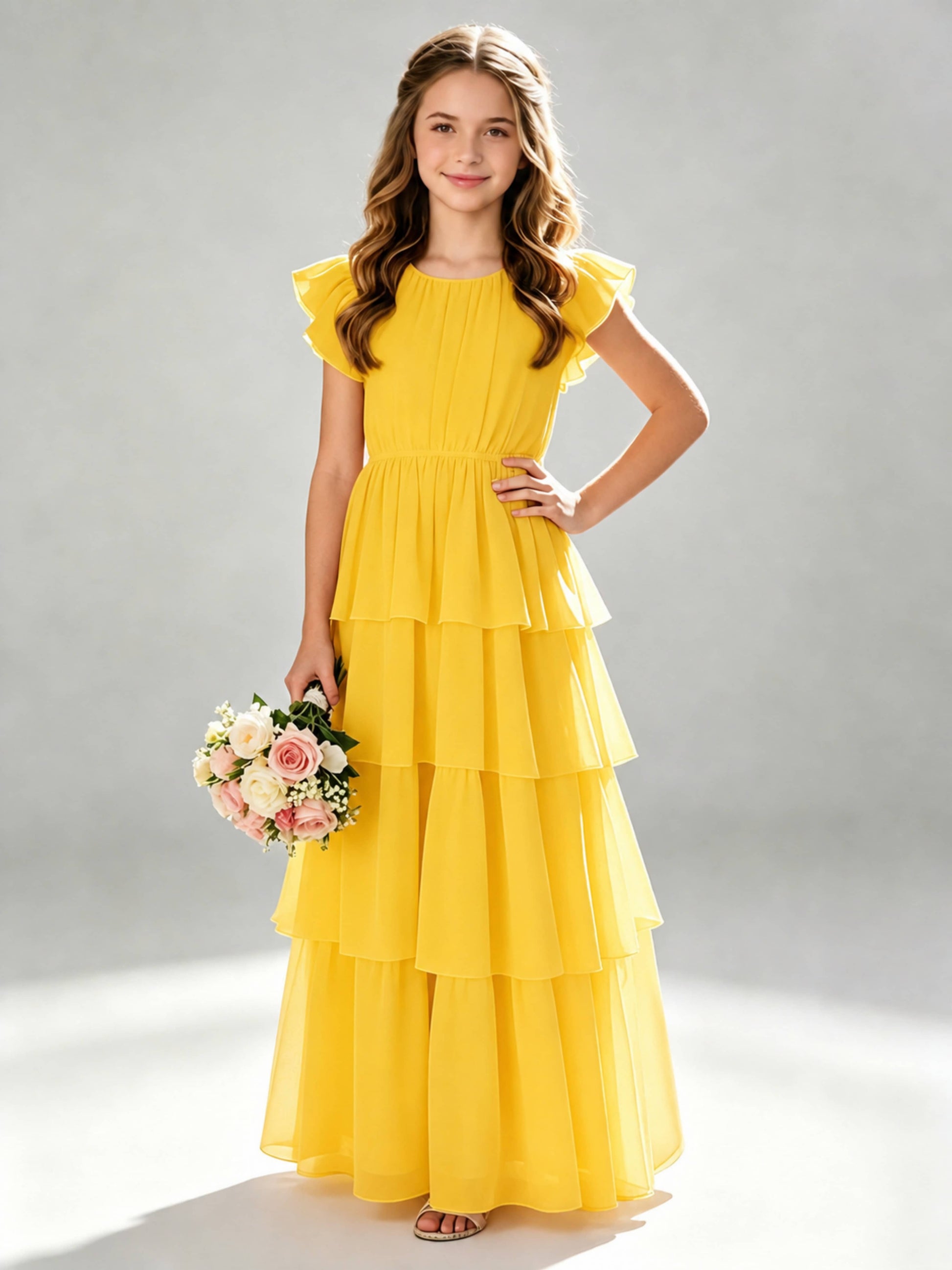Chiffon Tiered Pleated Long Junior Bridesmaid Dresses