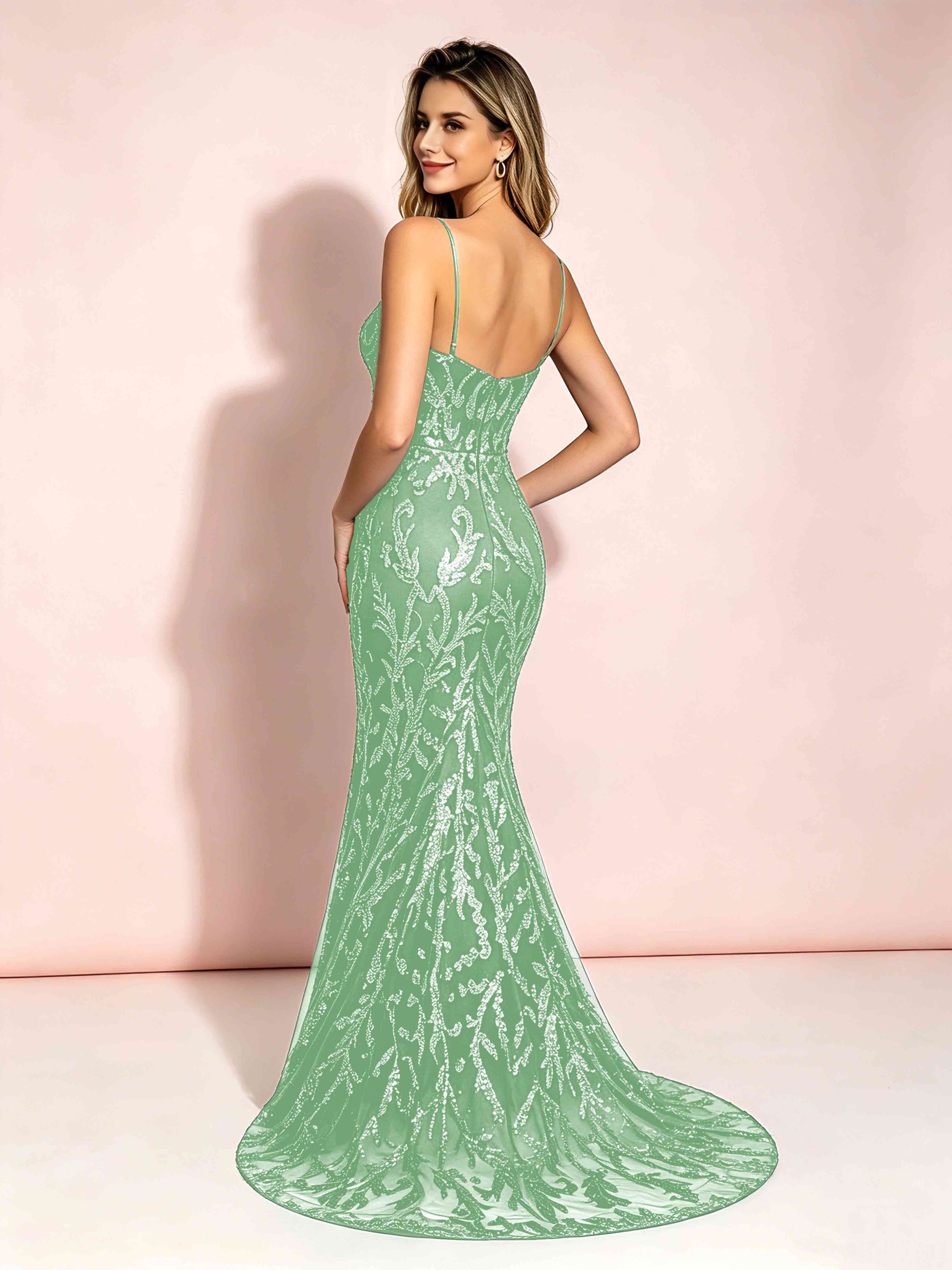 Mermaid V-Neck Sweep Train Sequin Sparkly Prom Dresses with Slit