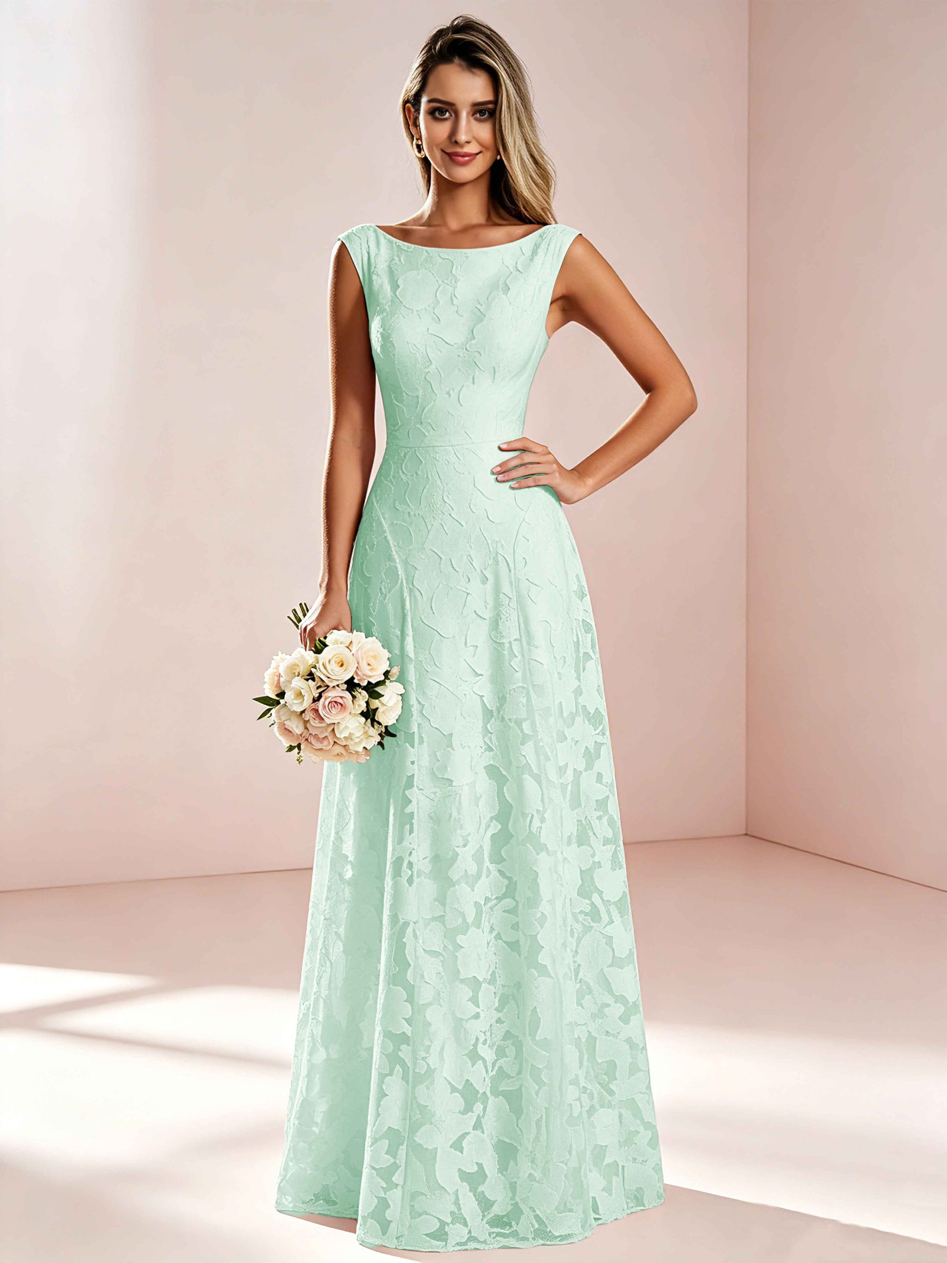 Boat Neck Jacquard Chiffon Floor Length Bridesmaid Dresses