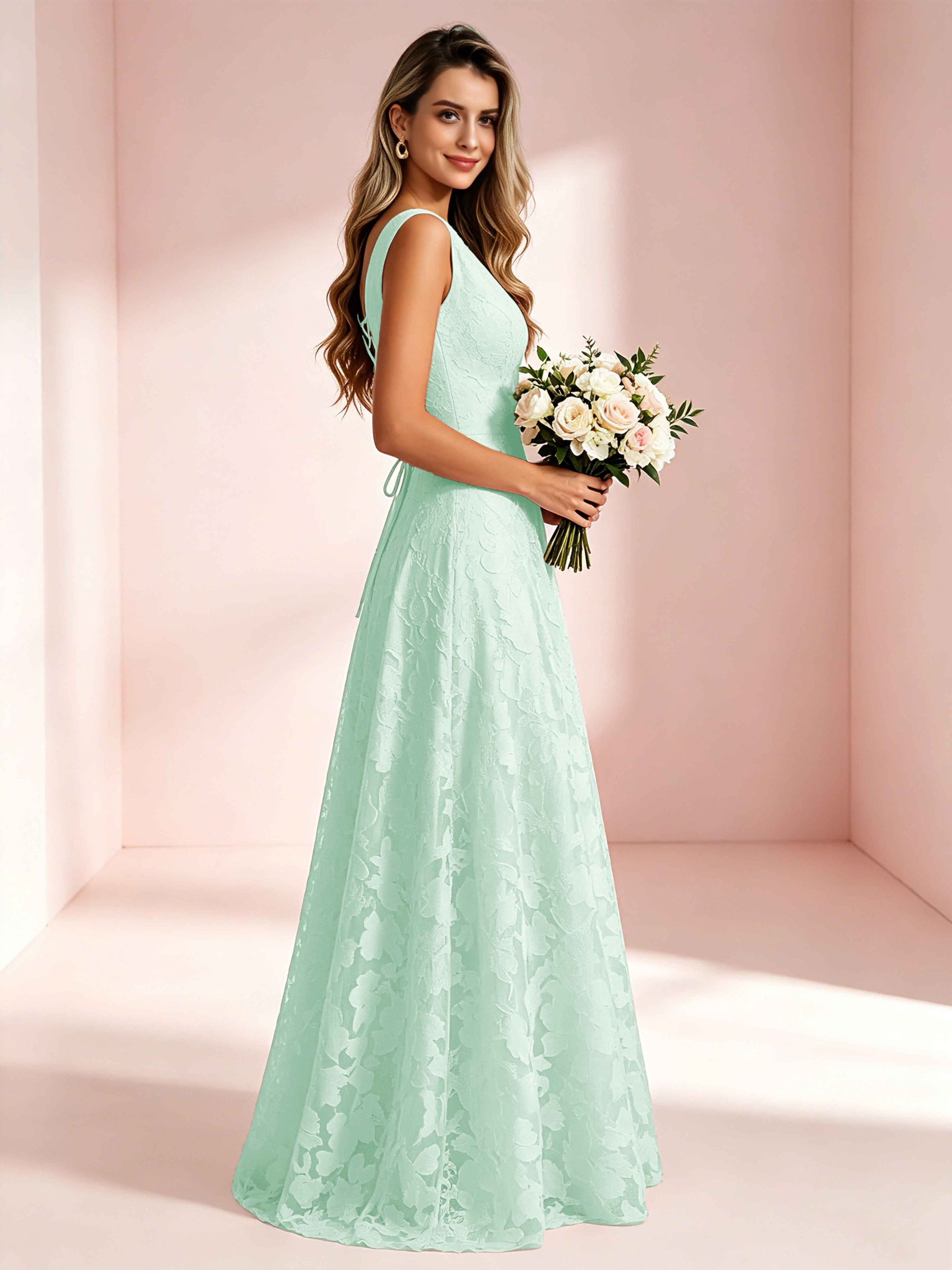 Boat Neck Jacquard Chiffon Floor Length Bridesmaid Dresses