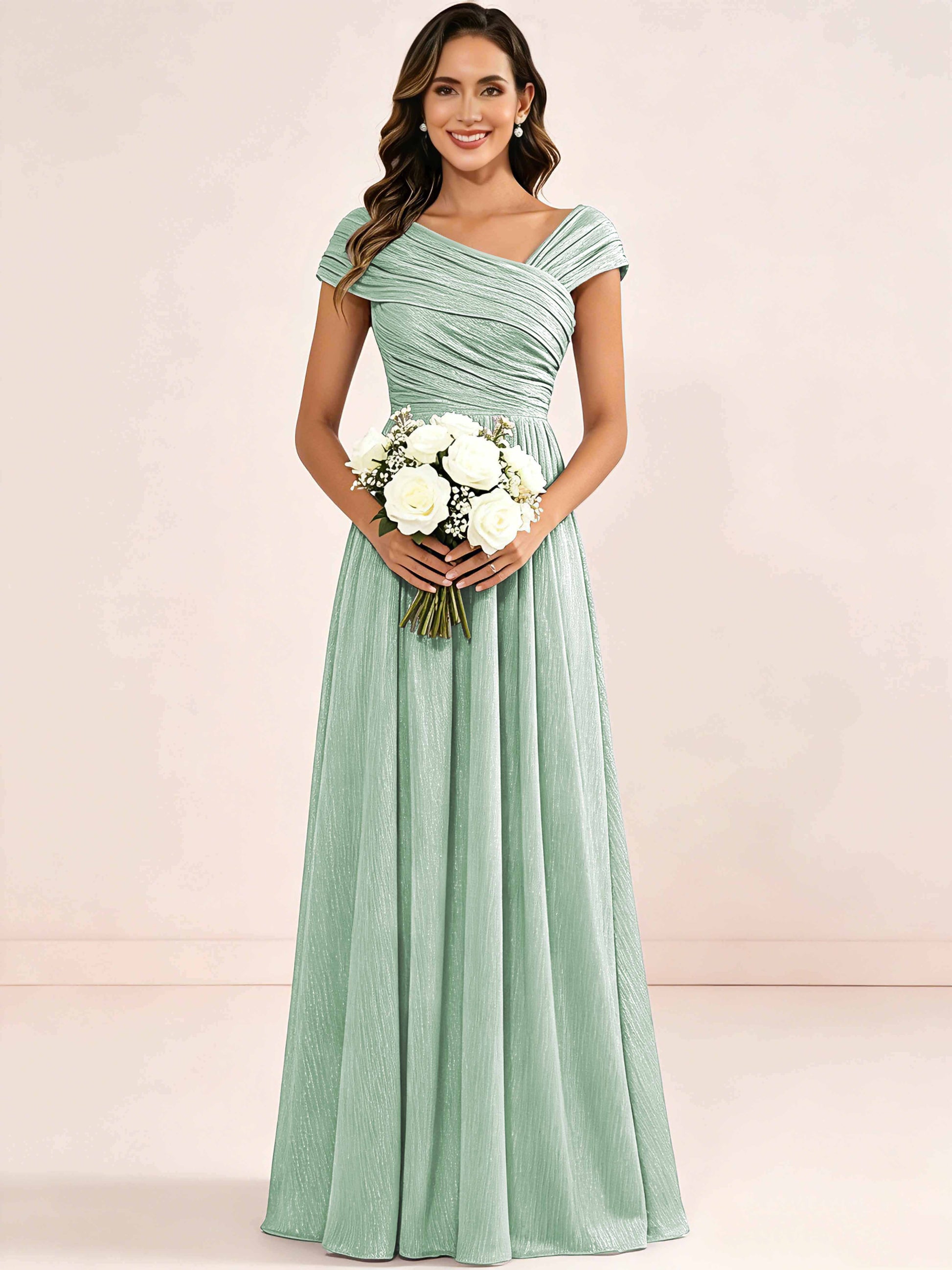 Shiny Striped Chiffon Ruched Cap Sleeve Mother of The Bride Dress