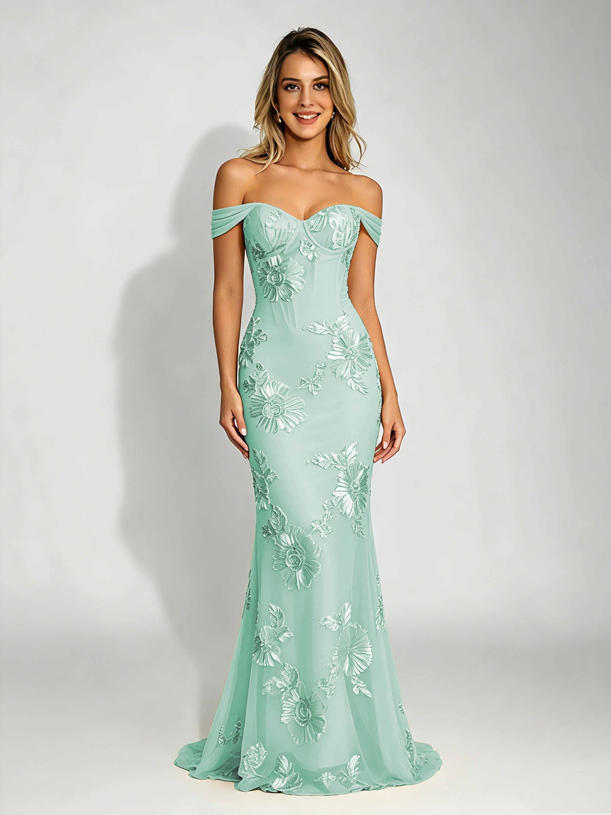 Embroidery Mesh Prom Dress for Teen Off Shoulder Formal Party Gown