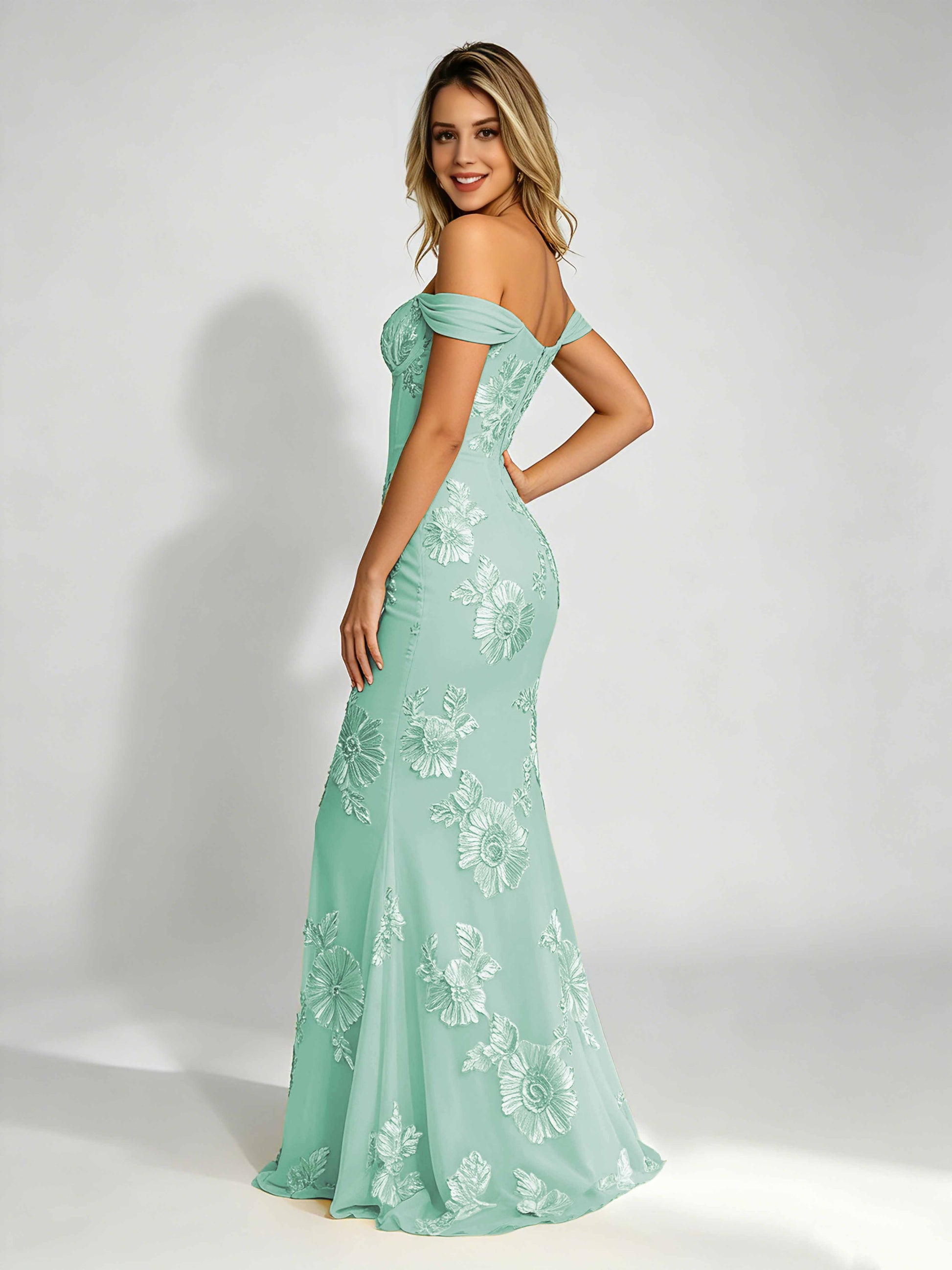 Embroidery Mesh Prom Dress for Teen Off Shoulder Formal Party Gown