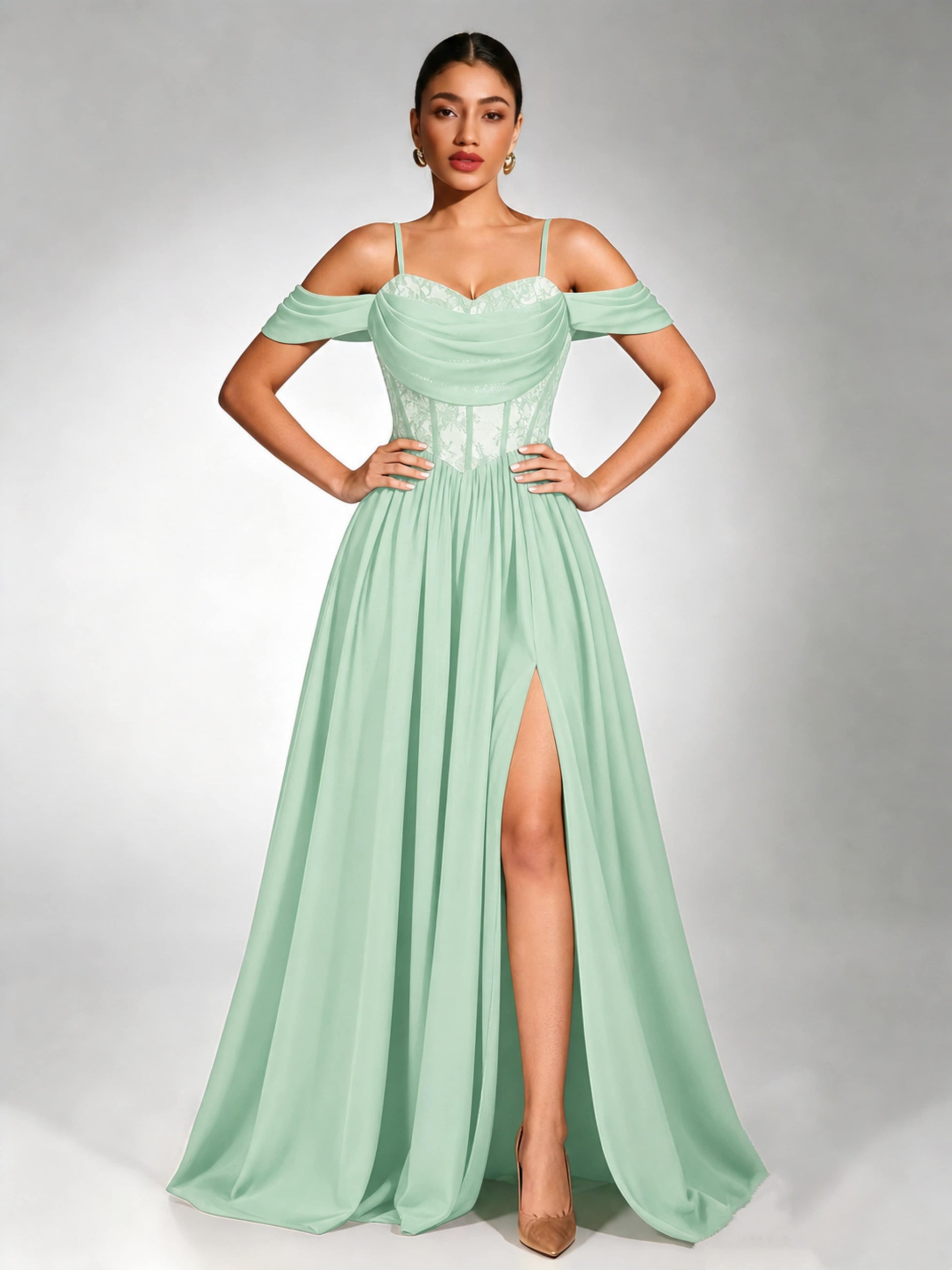 Off Shoulder Chiffon Lace Prom Dress for Teens