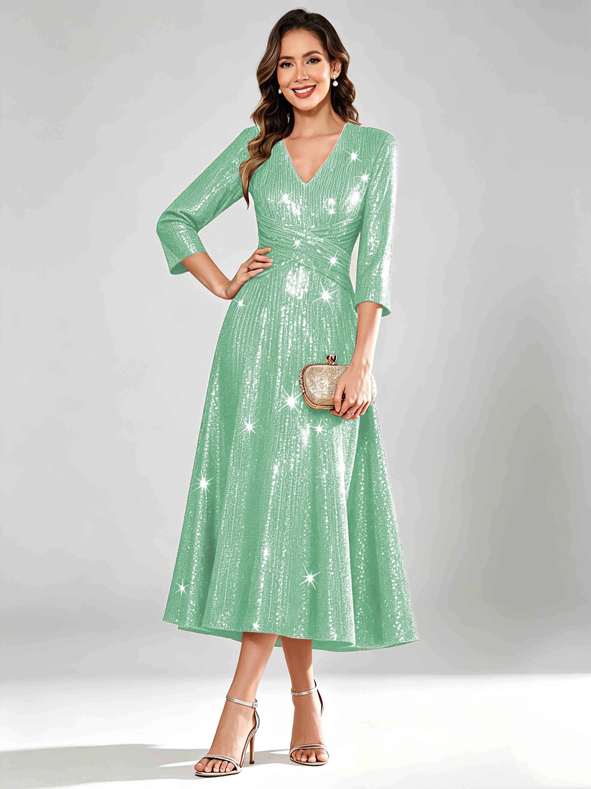Sequin Sparkly 3/4 Sleeve Dressy Mother of The Bride Dresses