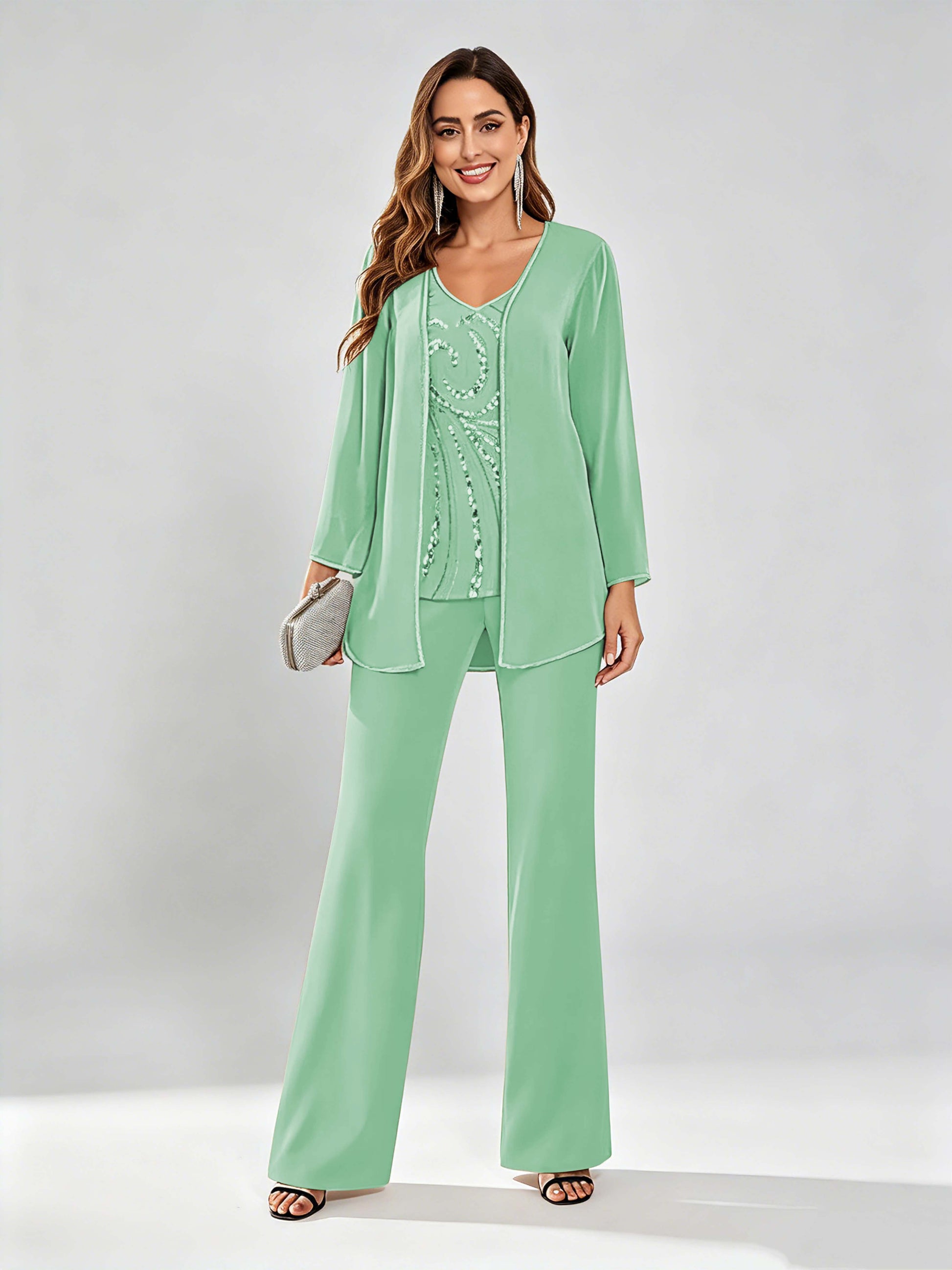 Chiffon Sequin 3 Pieces Mother of The Bride Pant Suits for Women