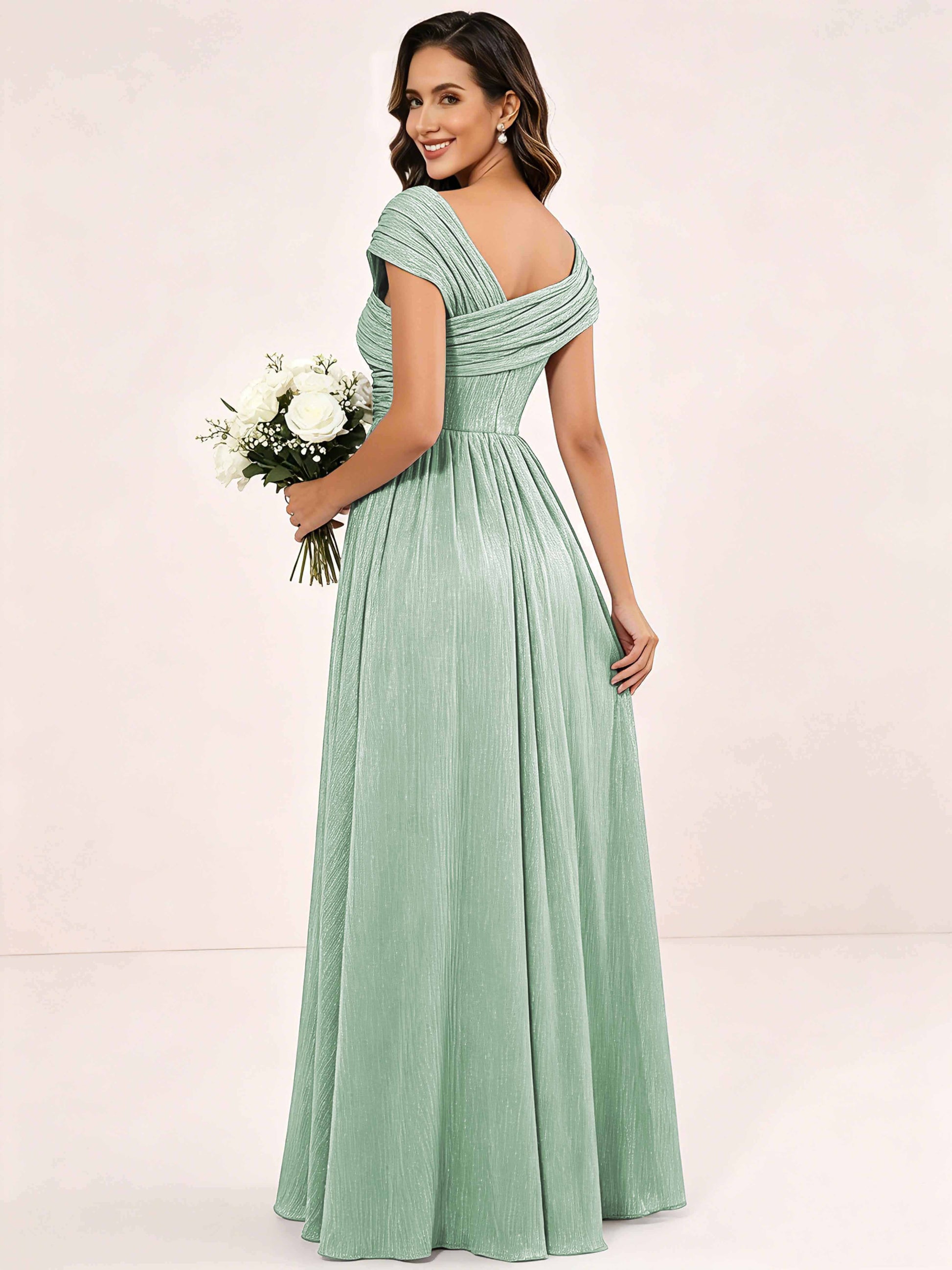 Shiny Striped Chiffon Ruched Cap Sleeve Mother of The Bride Dress