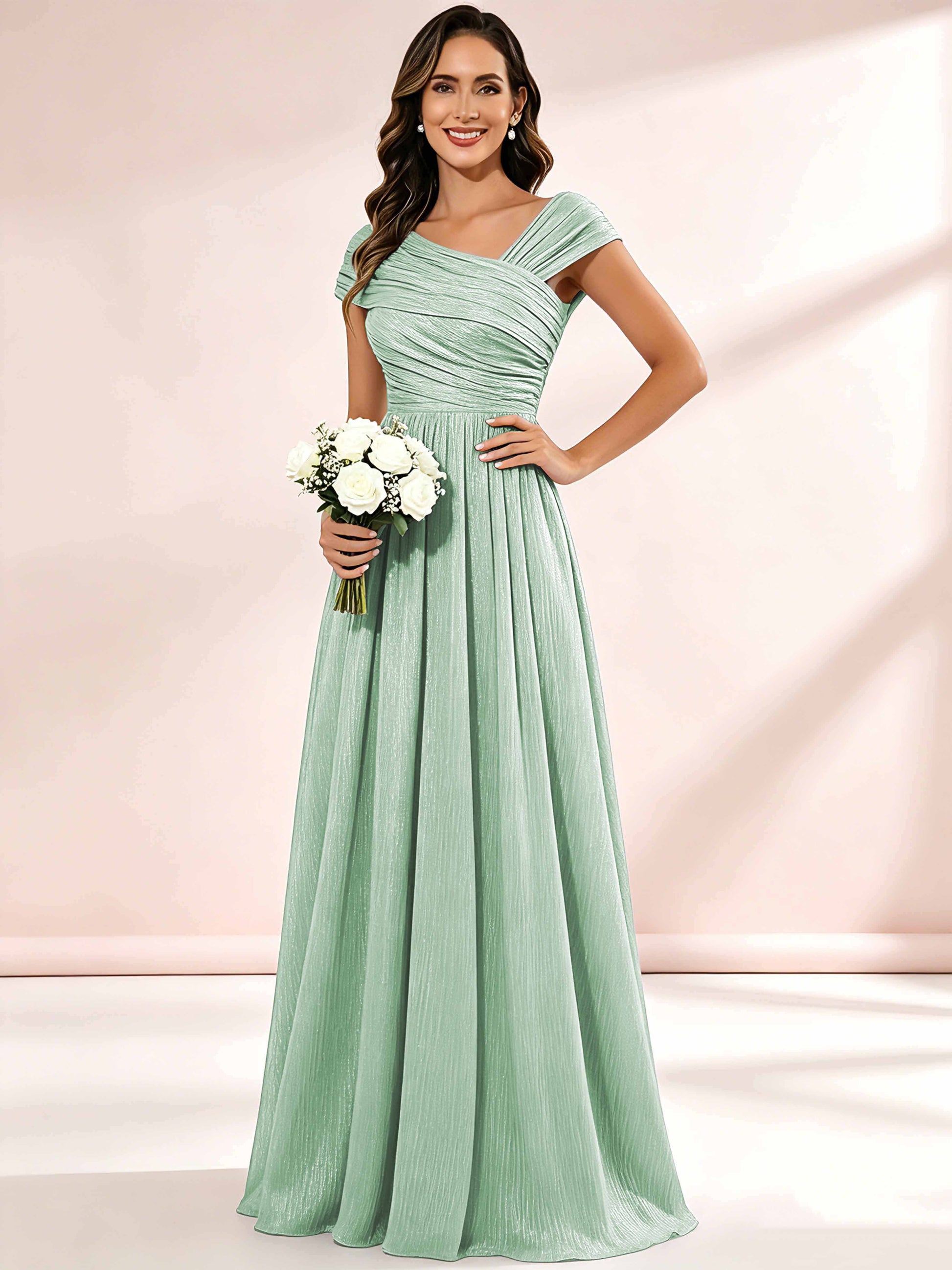 Shiny Striped Chiffon Ruched Cap Sleeve Mother of The Bride Dress