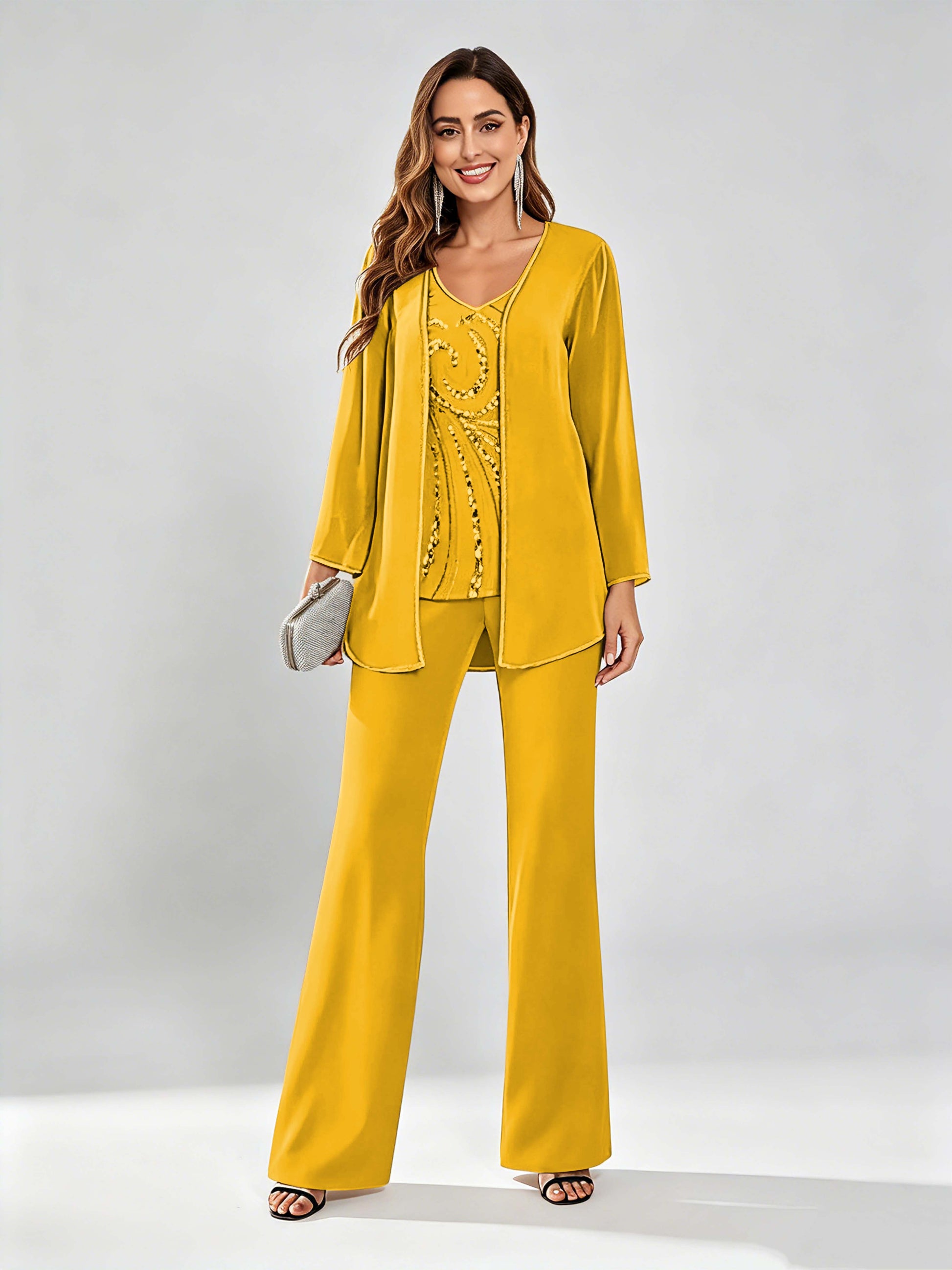Chiffon Sequin 3 Pieces Mother of The Bride Pant Suits for Women