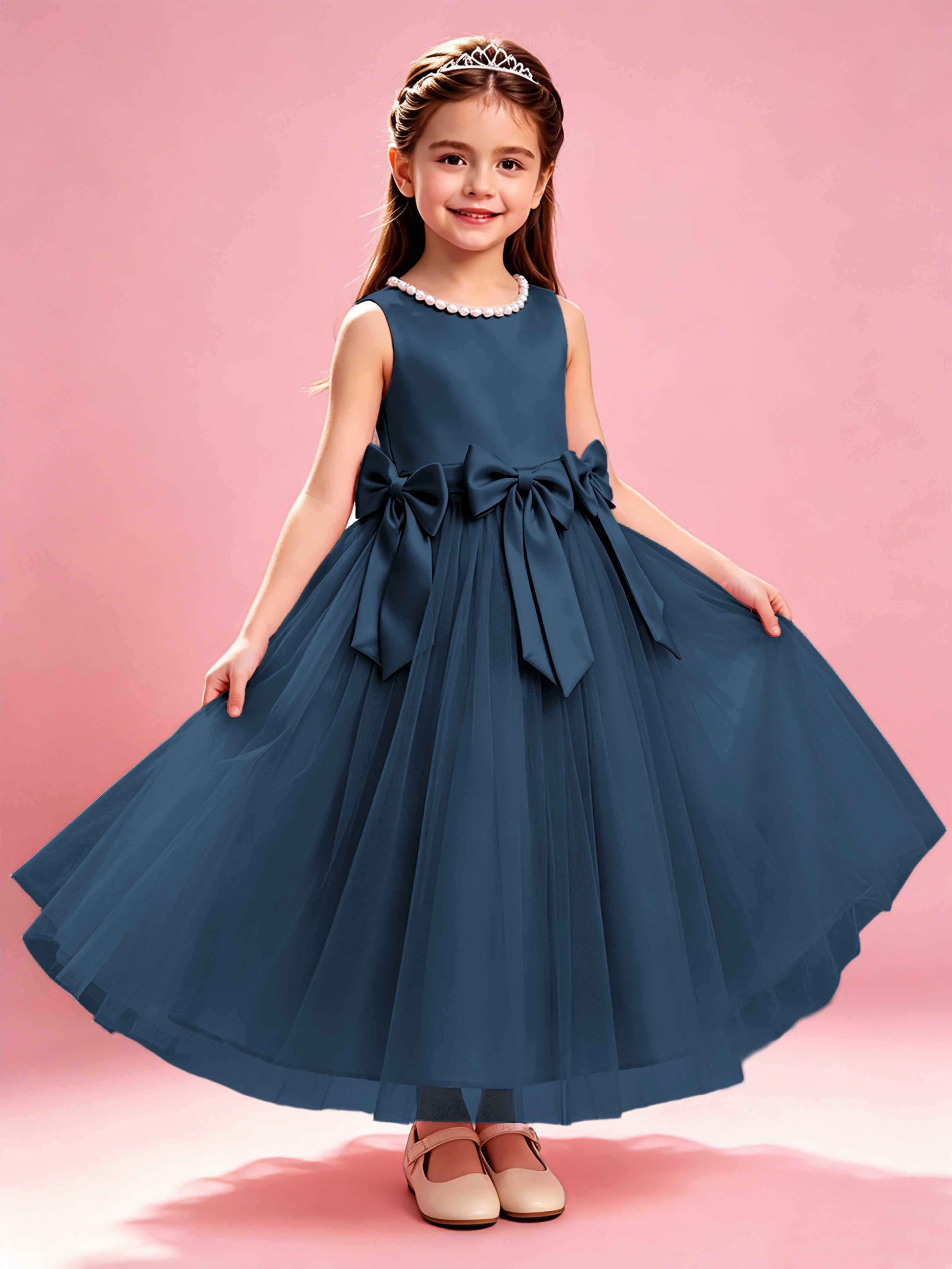 Satin Tulle Flower Girl Dress with Bow Princess Girls Pageant Gowns