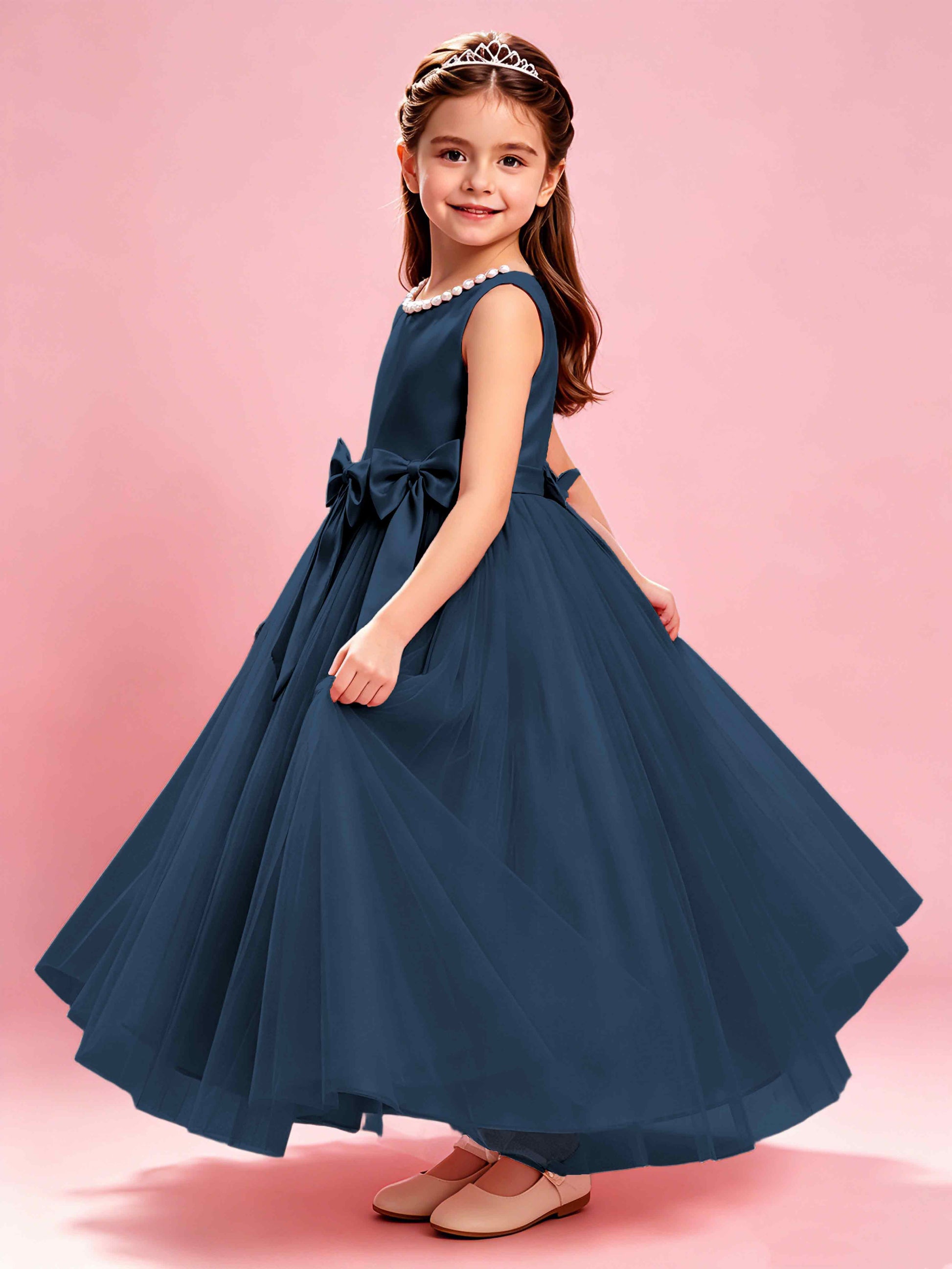 Satin Tulle Flower Girl Dress with Bow Princess Girls Pageant Gowns