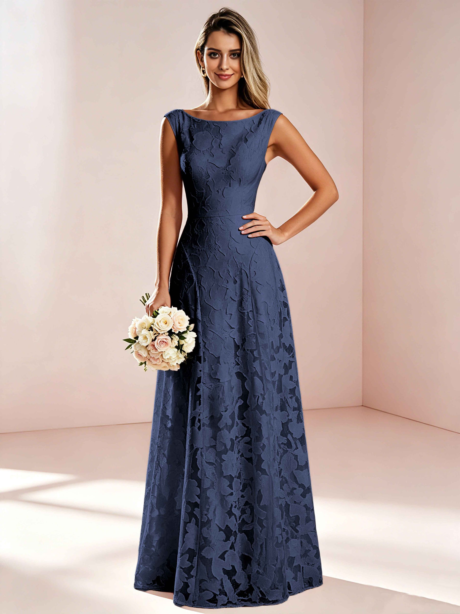 Boat Neck Jacquard Chiffon Floor Length Bridesmaid Dresses
