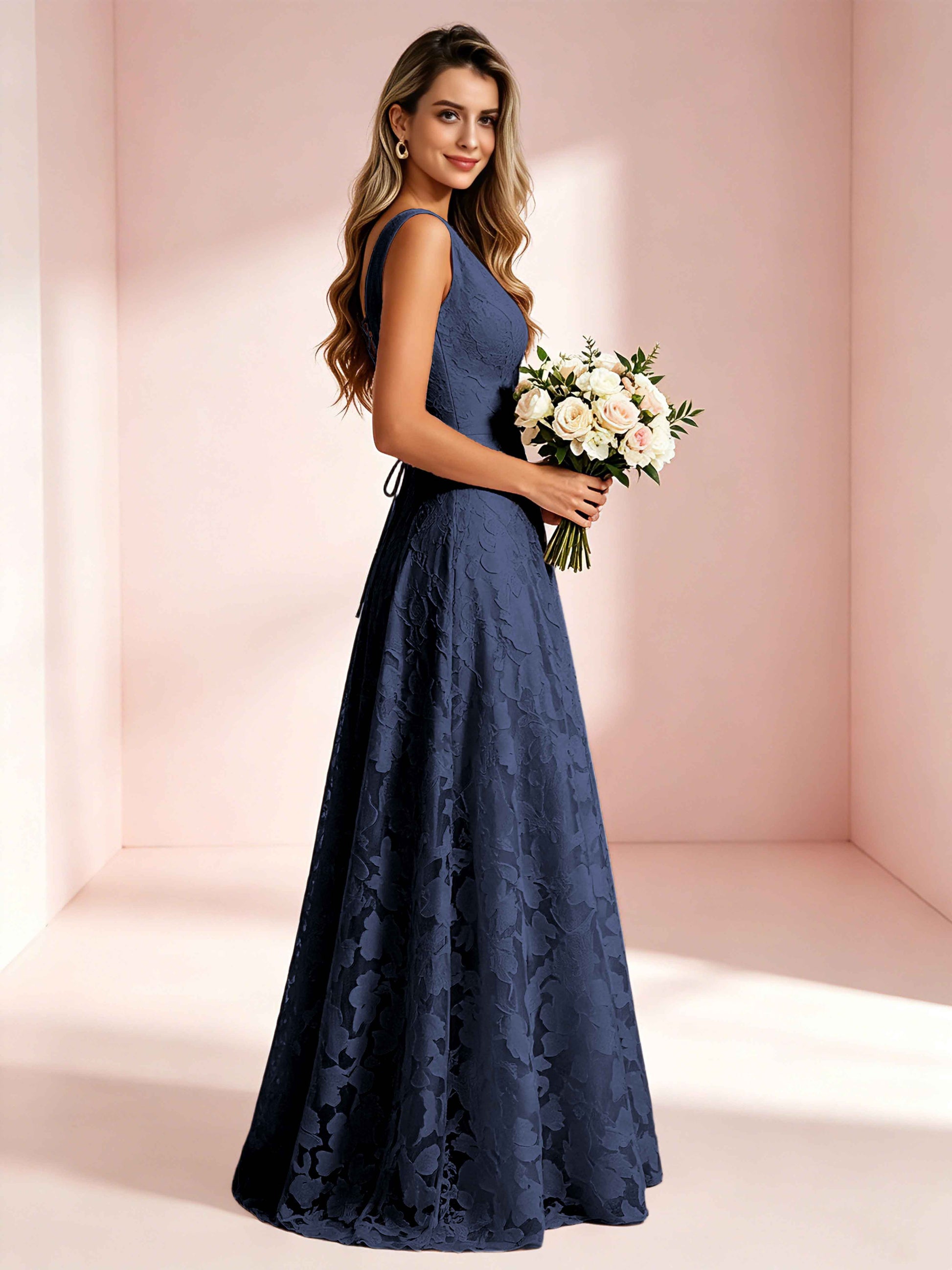 Boat Neck Jacquard Chiffon Floor Length Bridesmaid Dresses