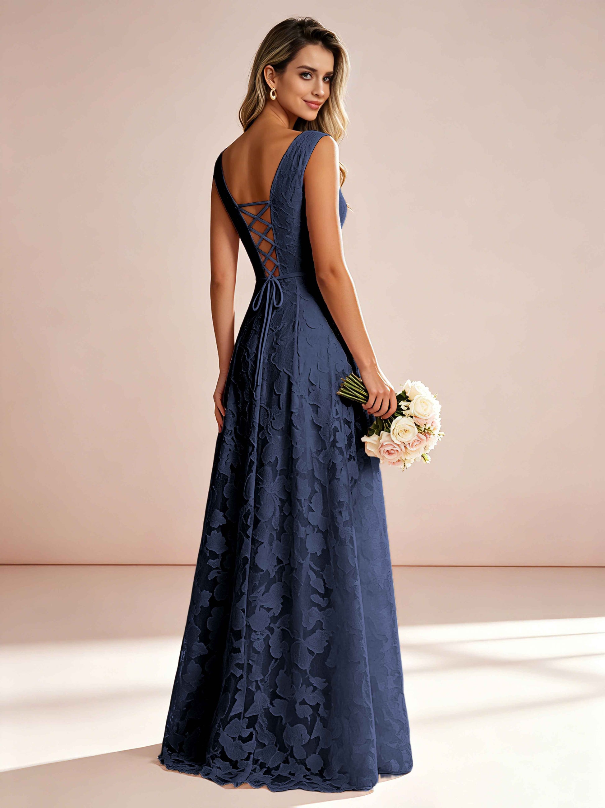 Boat Neck Jacquard Chiffon Floor Length Bridesmaid Dresses