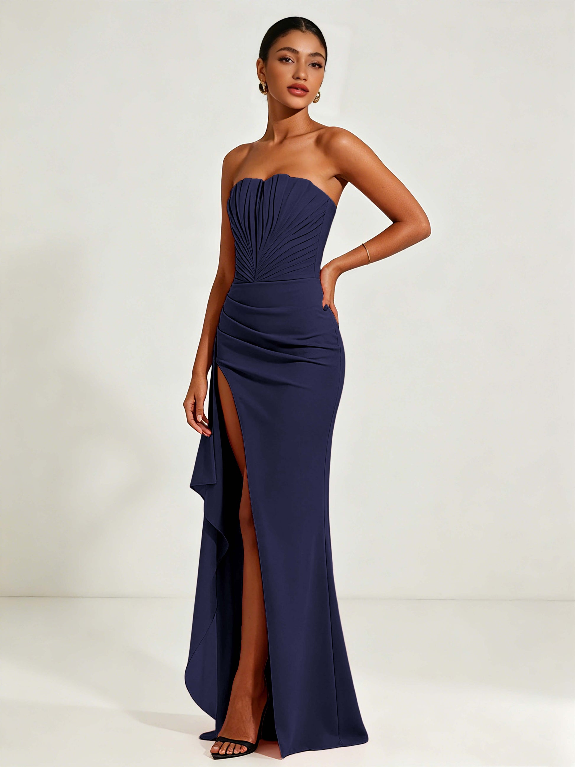 Strapless Ruched Bust Prom Dresses with Ruffle Slit