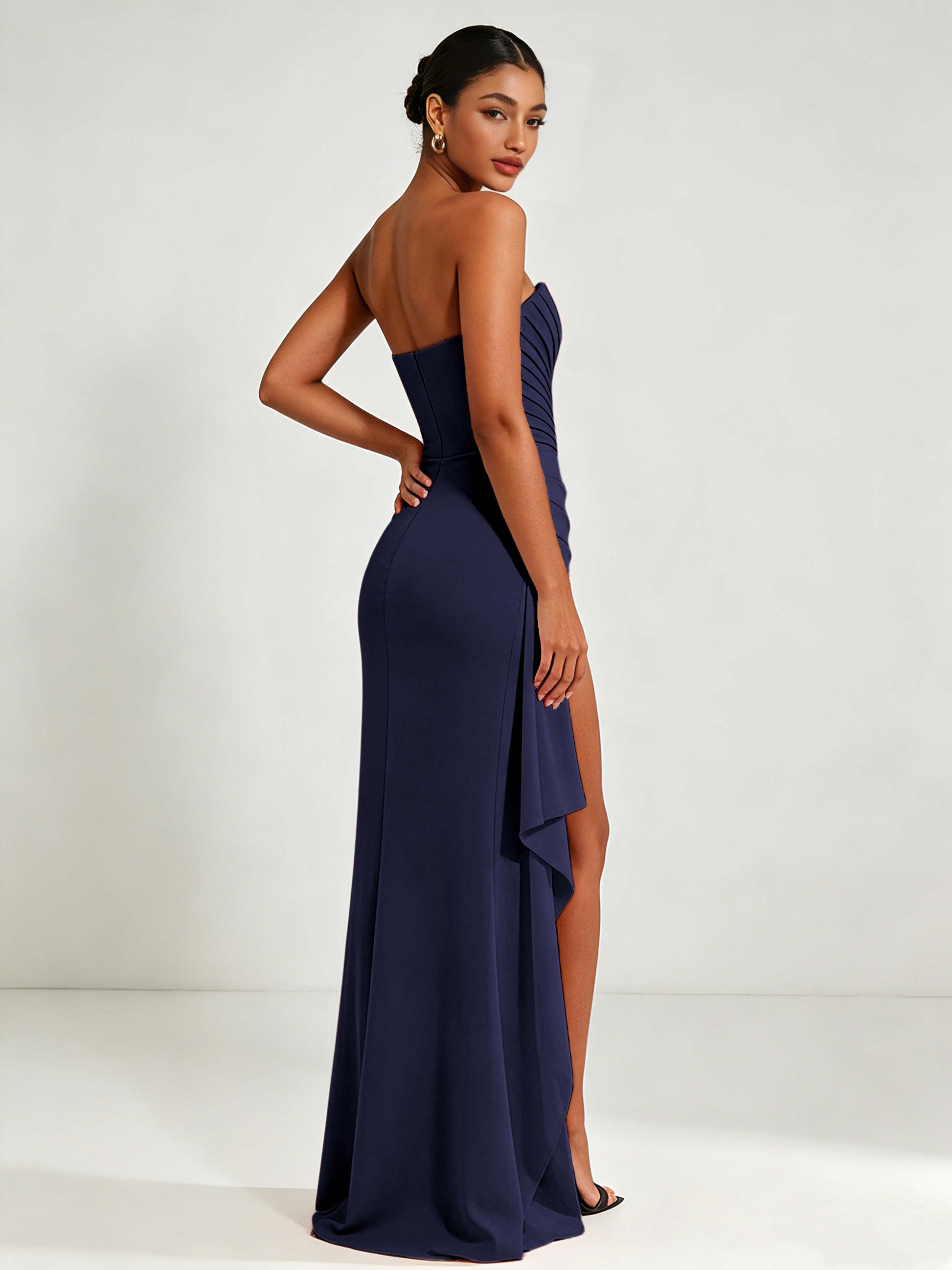 Strapless Ruched Bust Prom Dresses with Ruffle Slit