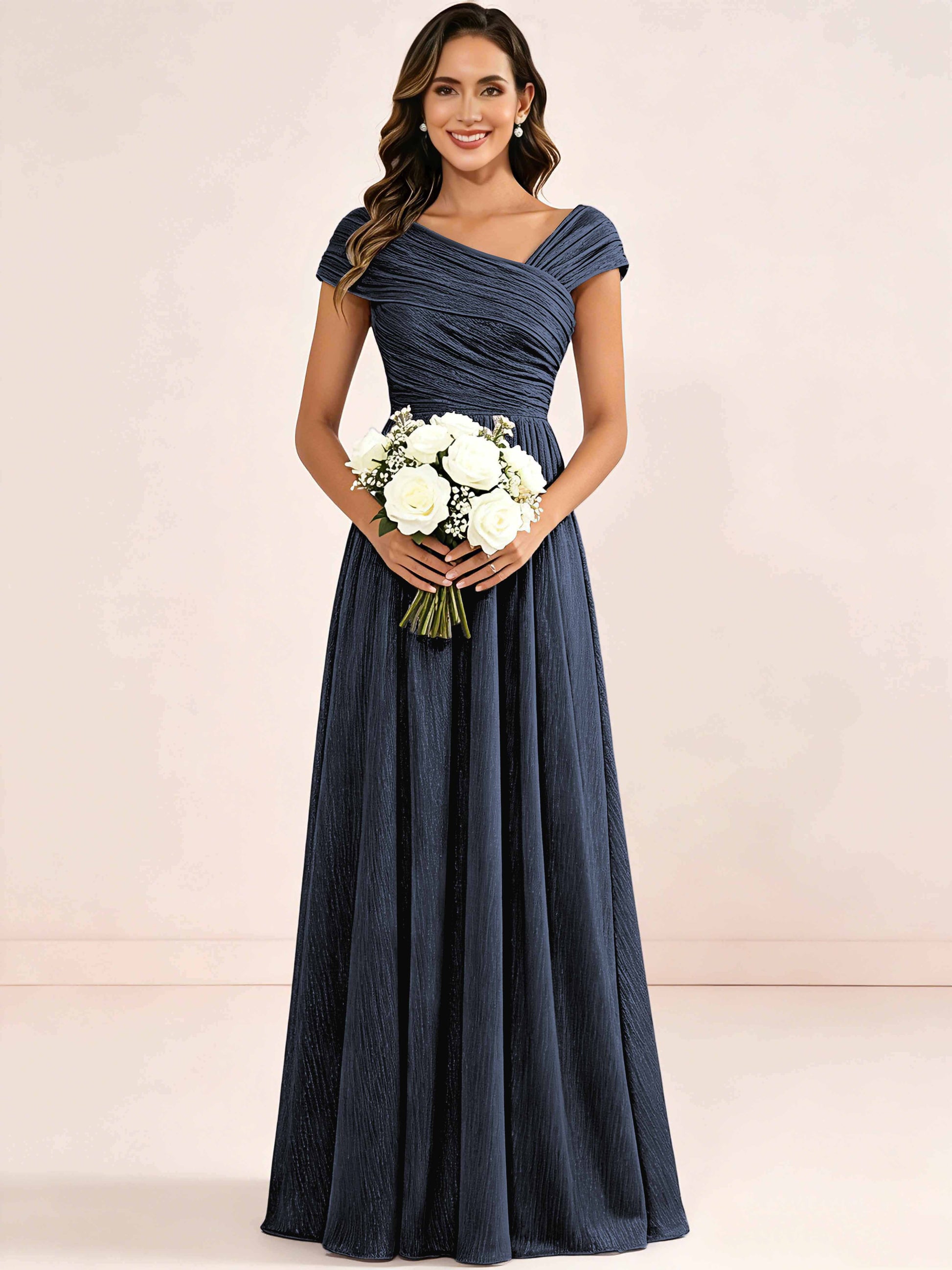 Shiny Striped Chiffon Ruched Cap Sleeve Mother of The Bride Dress