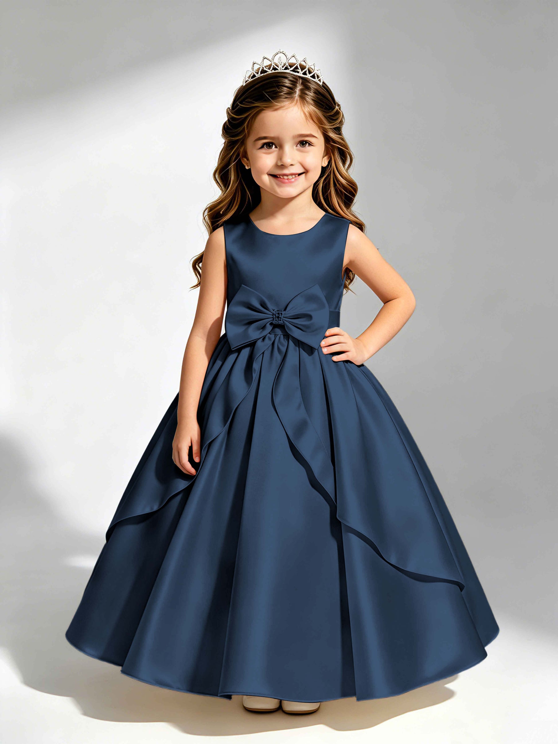 Satin Flower Girl Dress with Bow Princess Girls Pageant Gowns