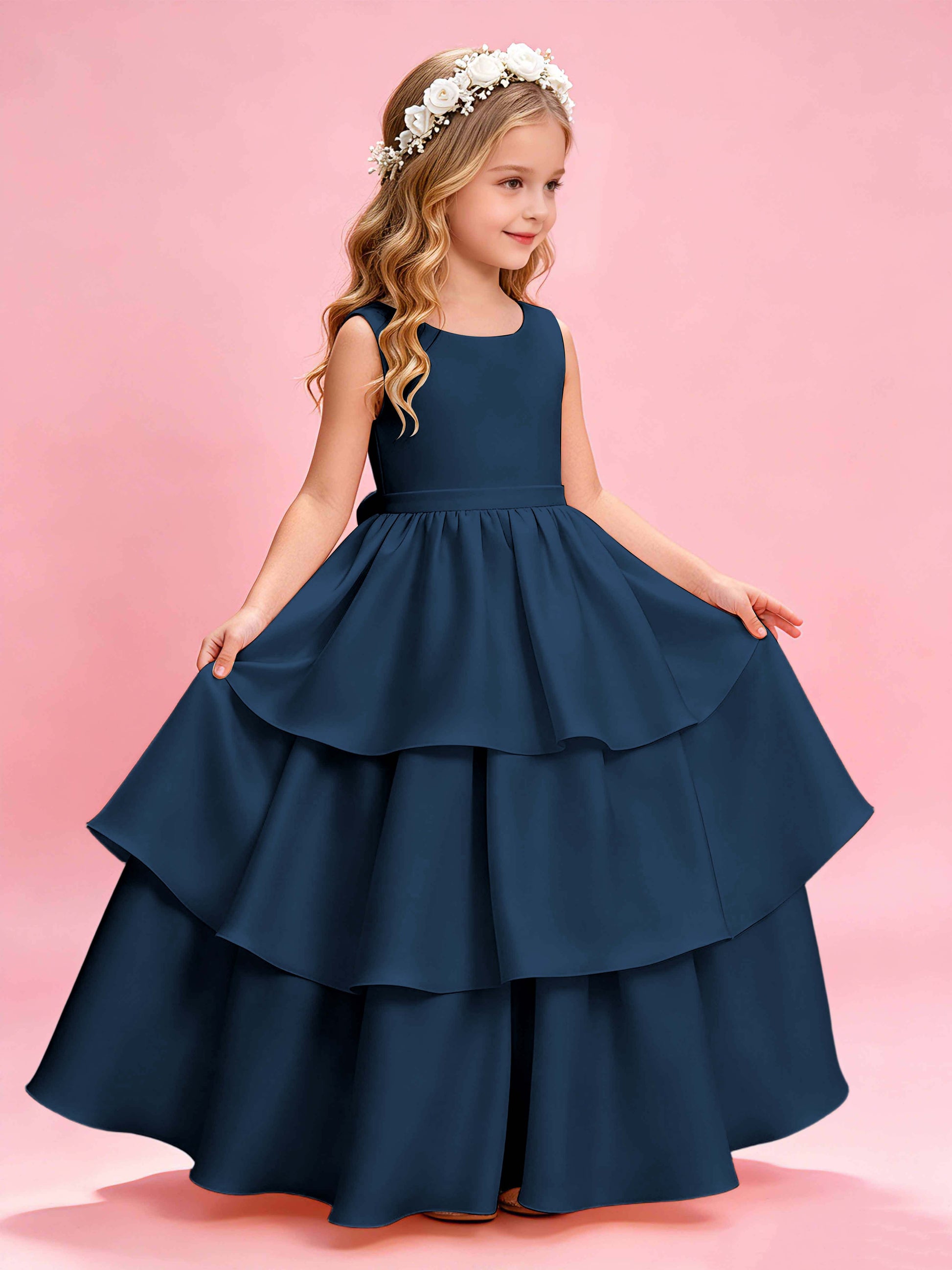 Tiered Flower Girl Dress with Bow Princess Girls Pageant Gowns