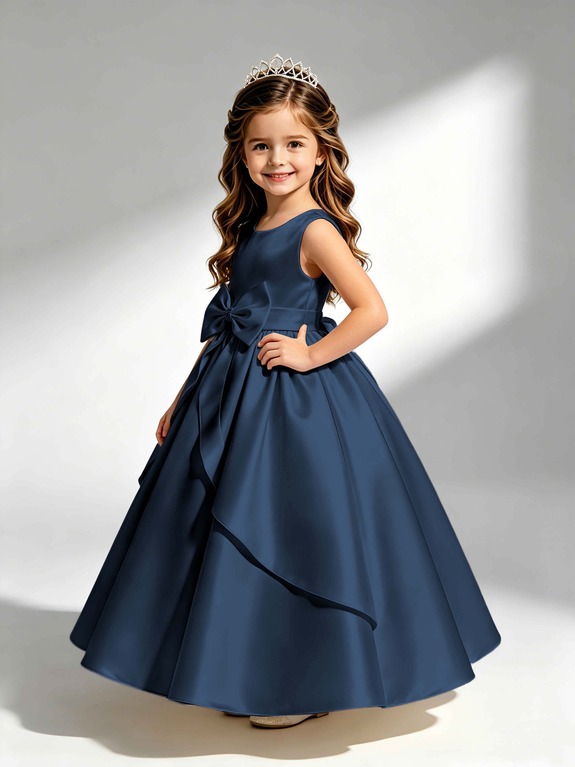Satin Flower Girl Dress with Bow Princess Girls Pageant Gowns