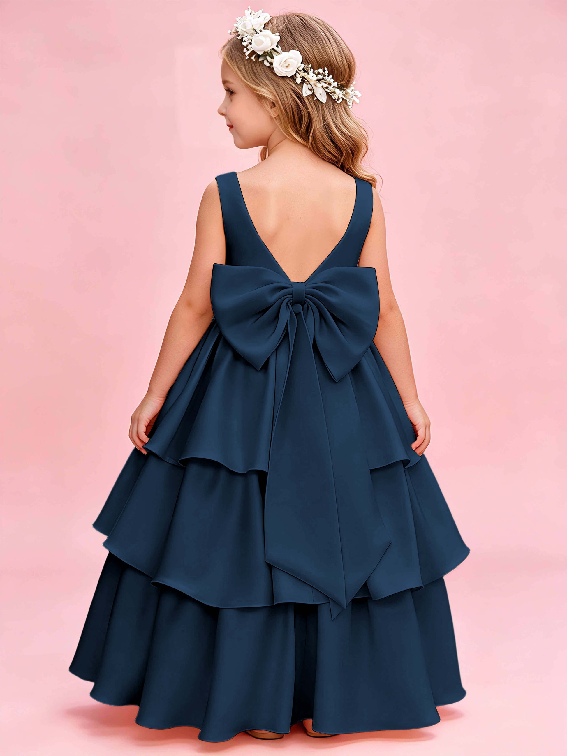 Tiered Flower Girl Dress with Bow Princess Girls Pageant Gowns