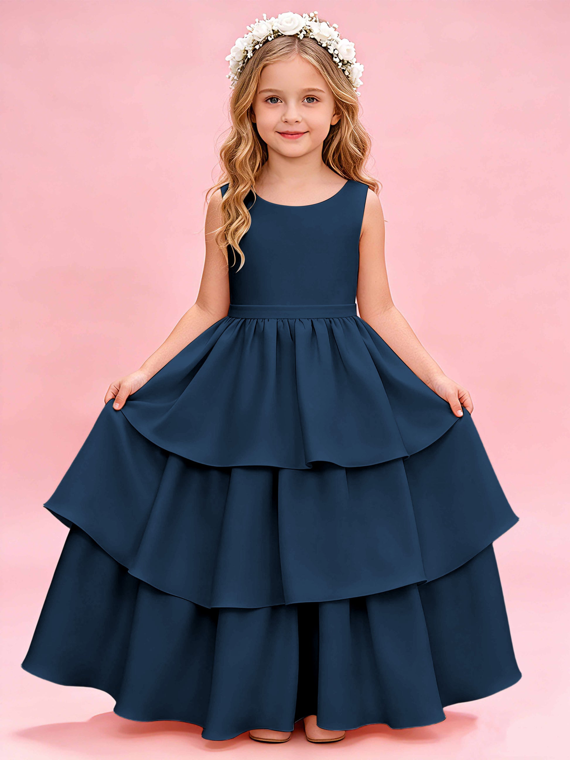 Tiered Flower Girl Dress with Bow Princess Girls Pageant Gowns