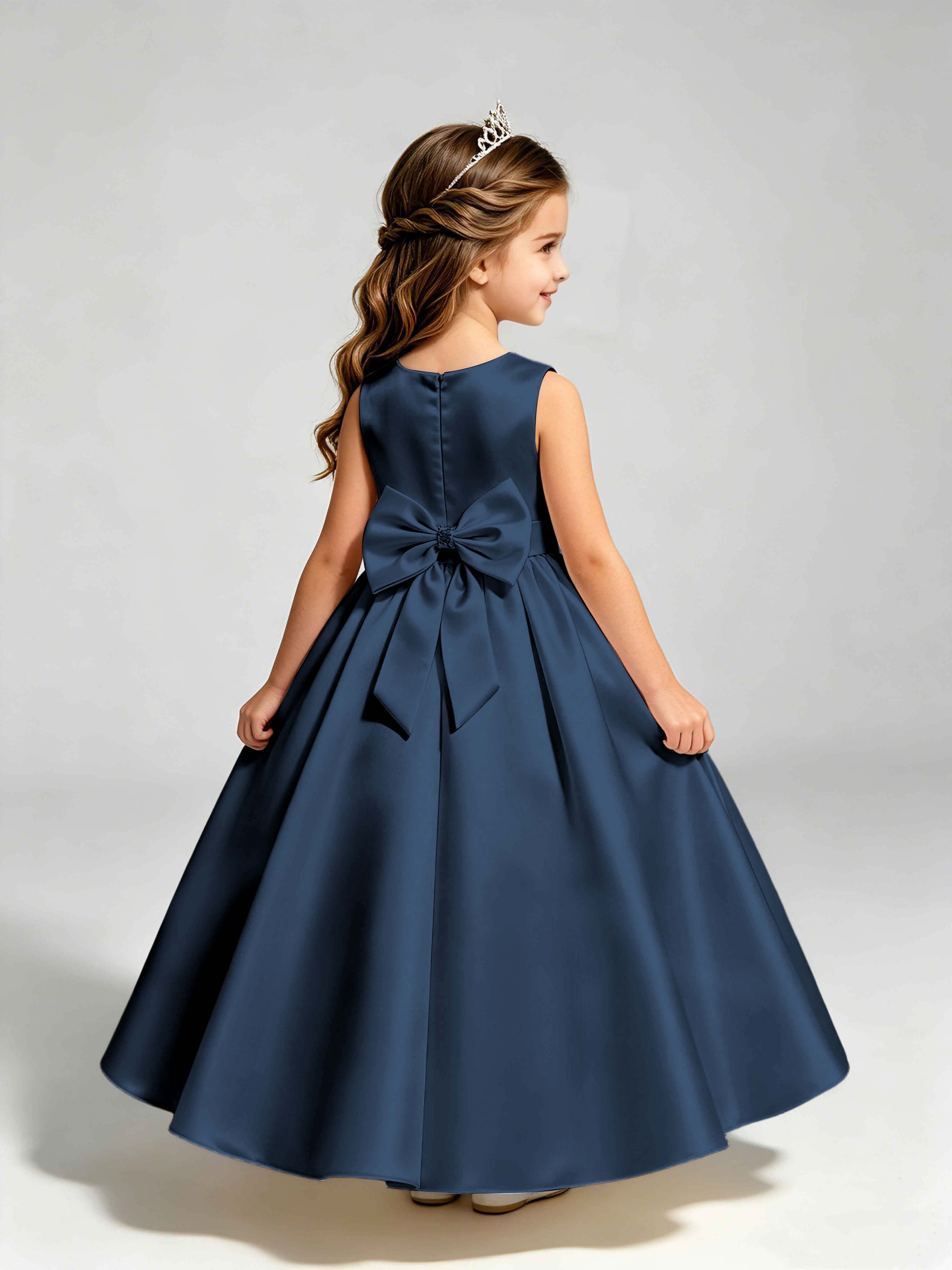 Satin Flower Girl Dress with Bow Princess Girls Pageant Gowns