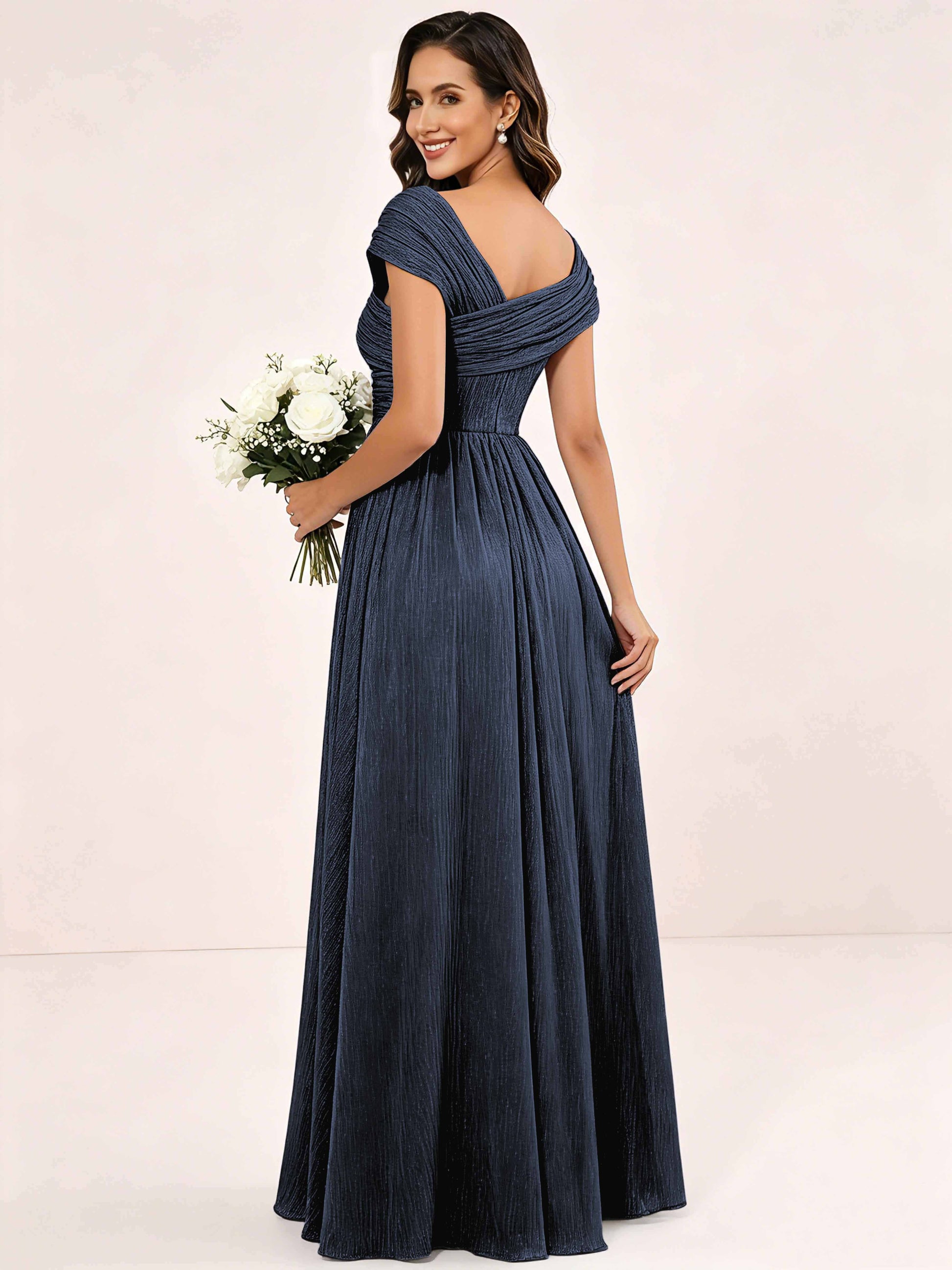 Shiny Striped Chiffon Ruched Cap Sleeve Mother of The Bride Dress