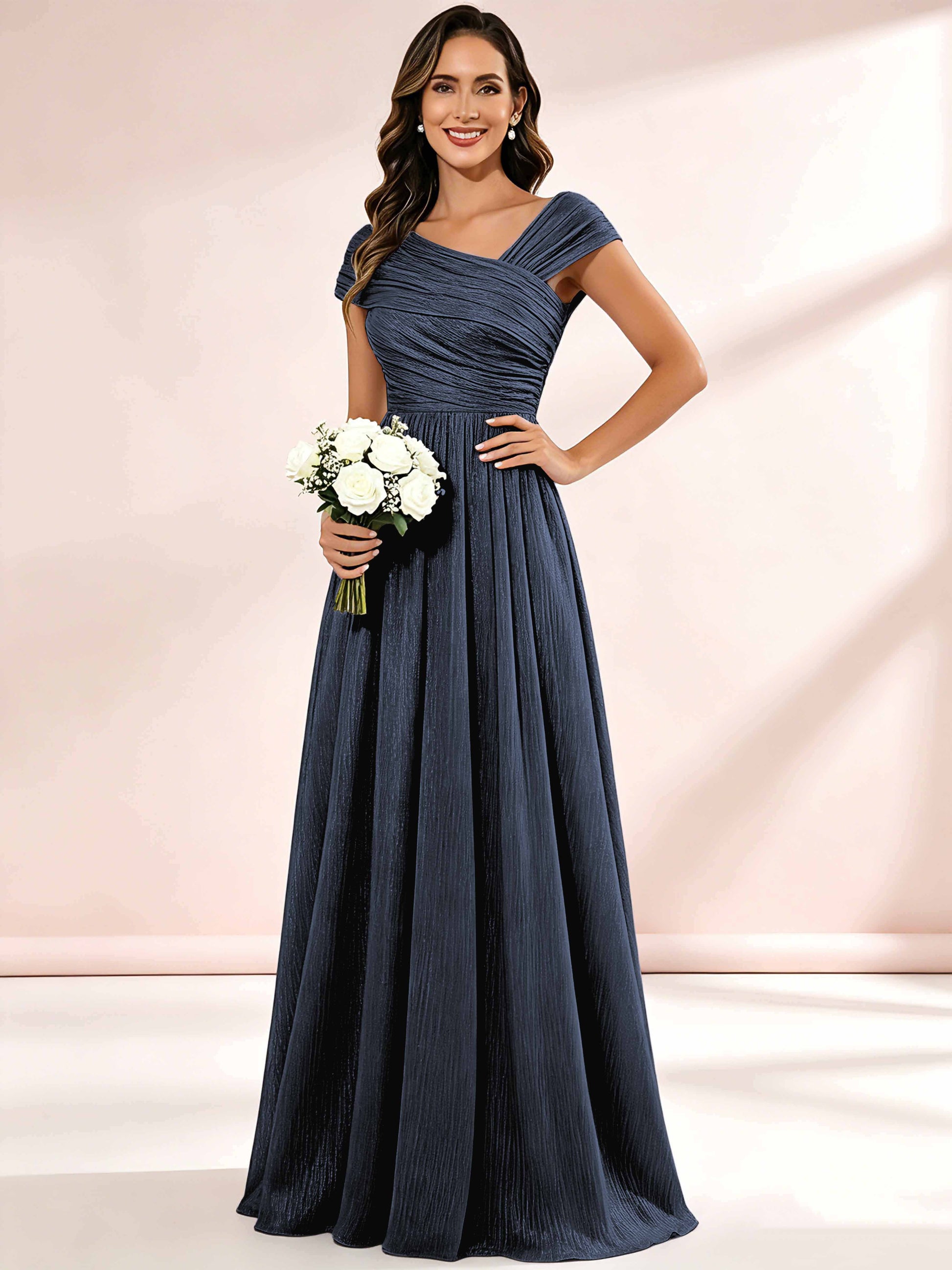 Shiny Striped Chiffon Ruched Cap Sleeve Mother of The Bride Dress