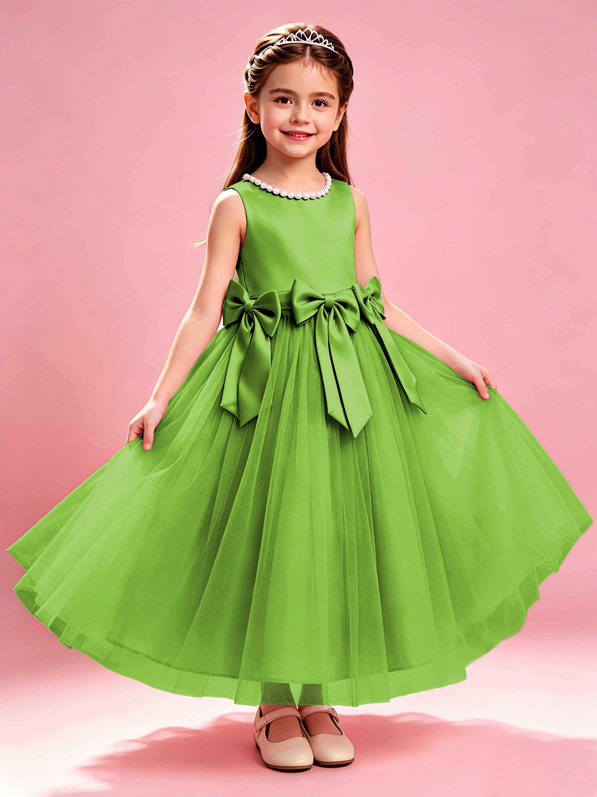 Satin Tulle Flower Girl Dress with Bow Princess Girls Pageant Gowns