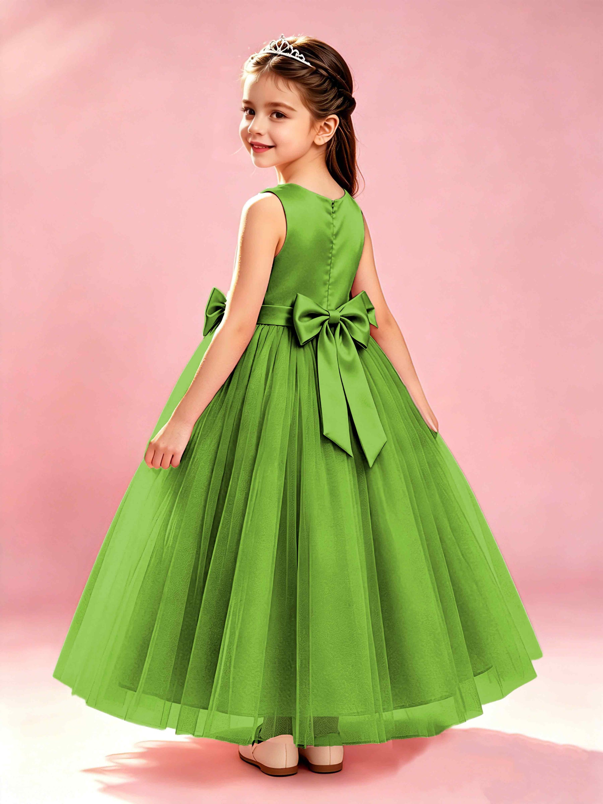Satin Tulle Flower Girl Dress with Bow Princess Girls Pageant Gowns