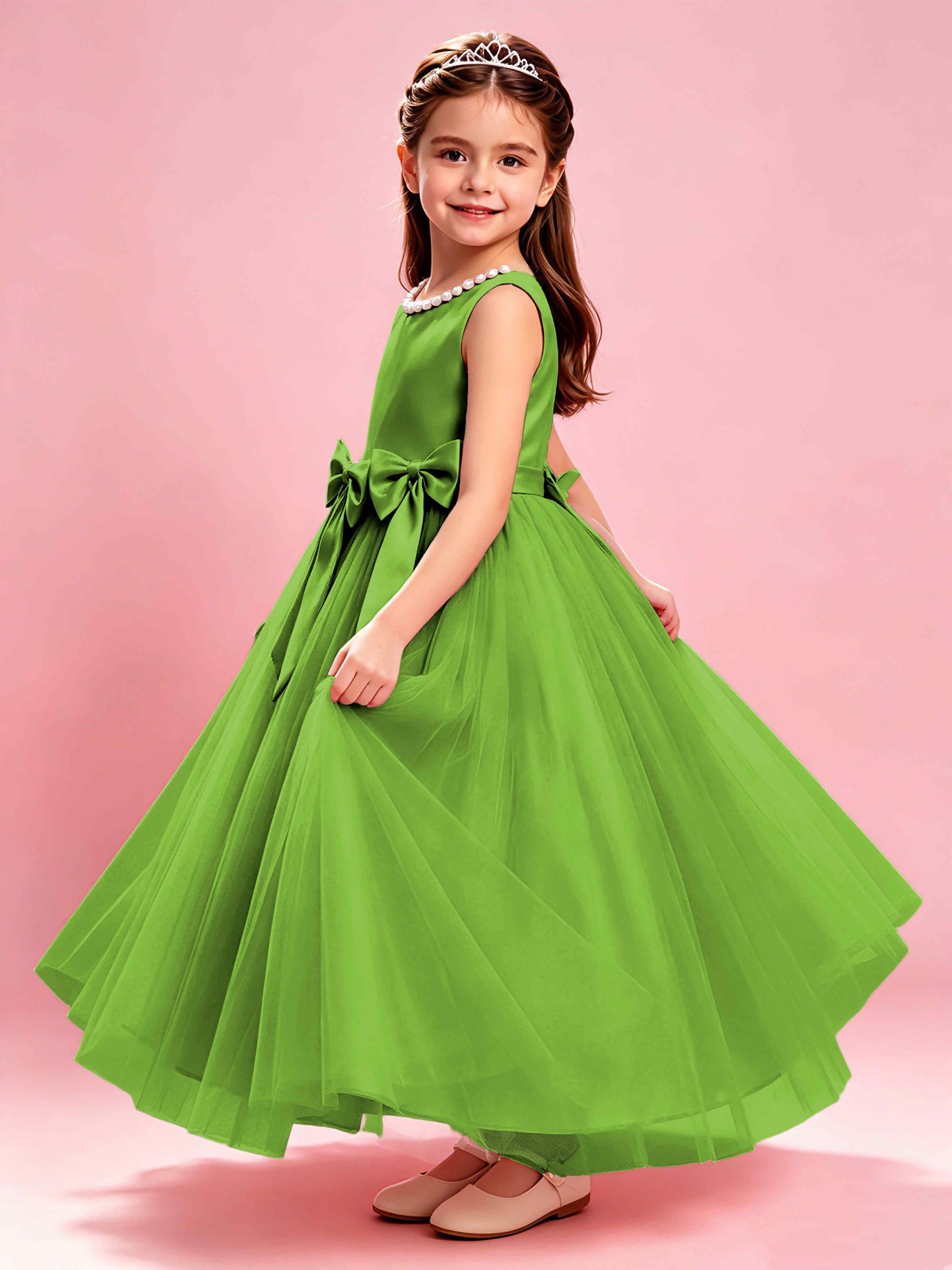 Satin Tulle Flower Girl Dress with Bow Princess Girls Pageant Gowns