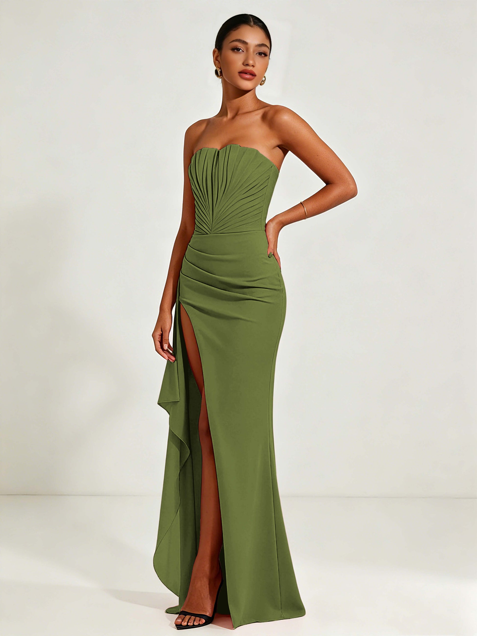 Strapless Ruched Bust Prom Dresses with Ruffle Slit