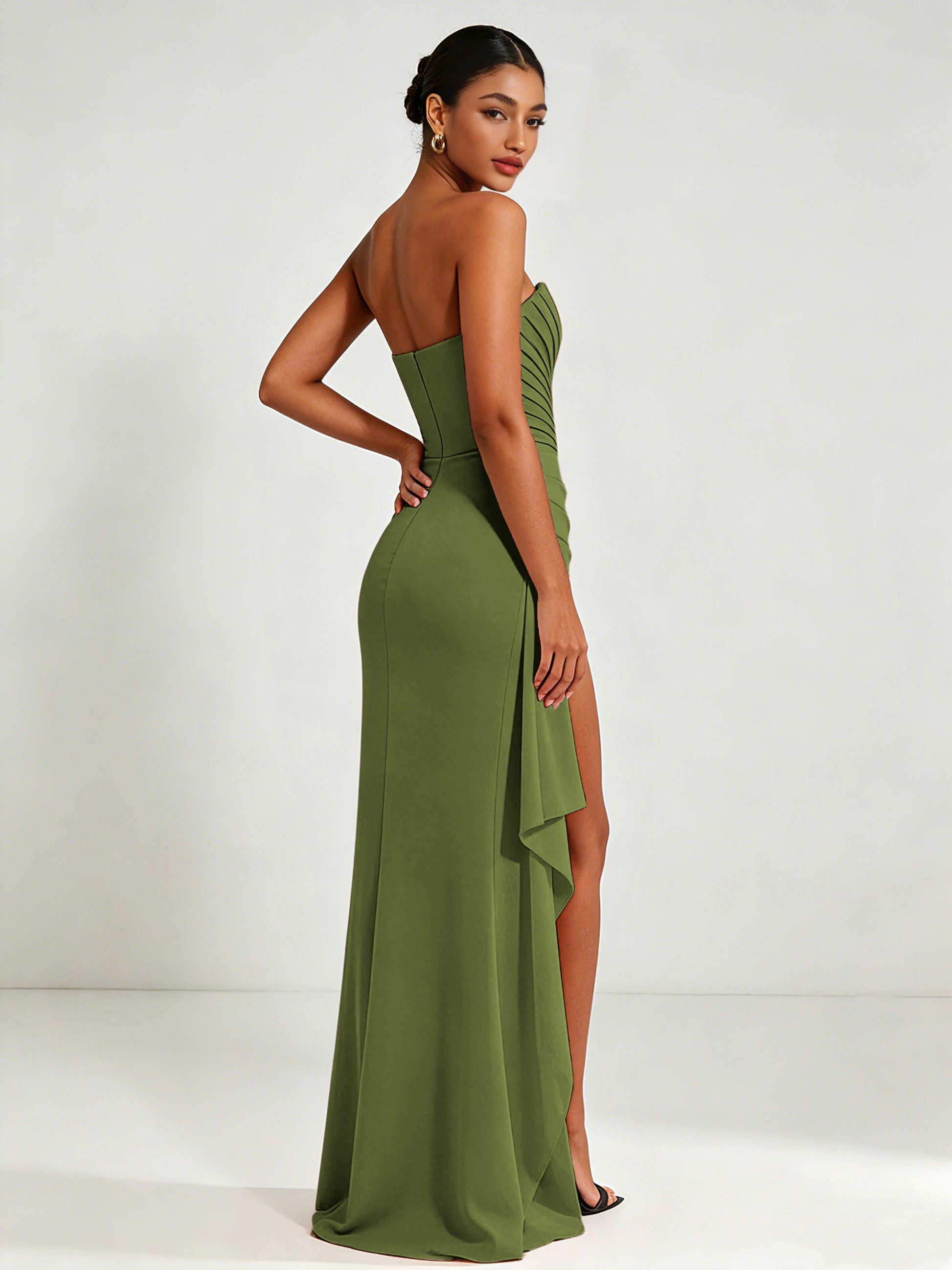Strapless Ruched Bust Prom Dresses with Ruffle Slit