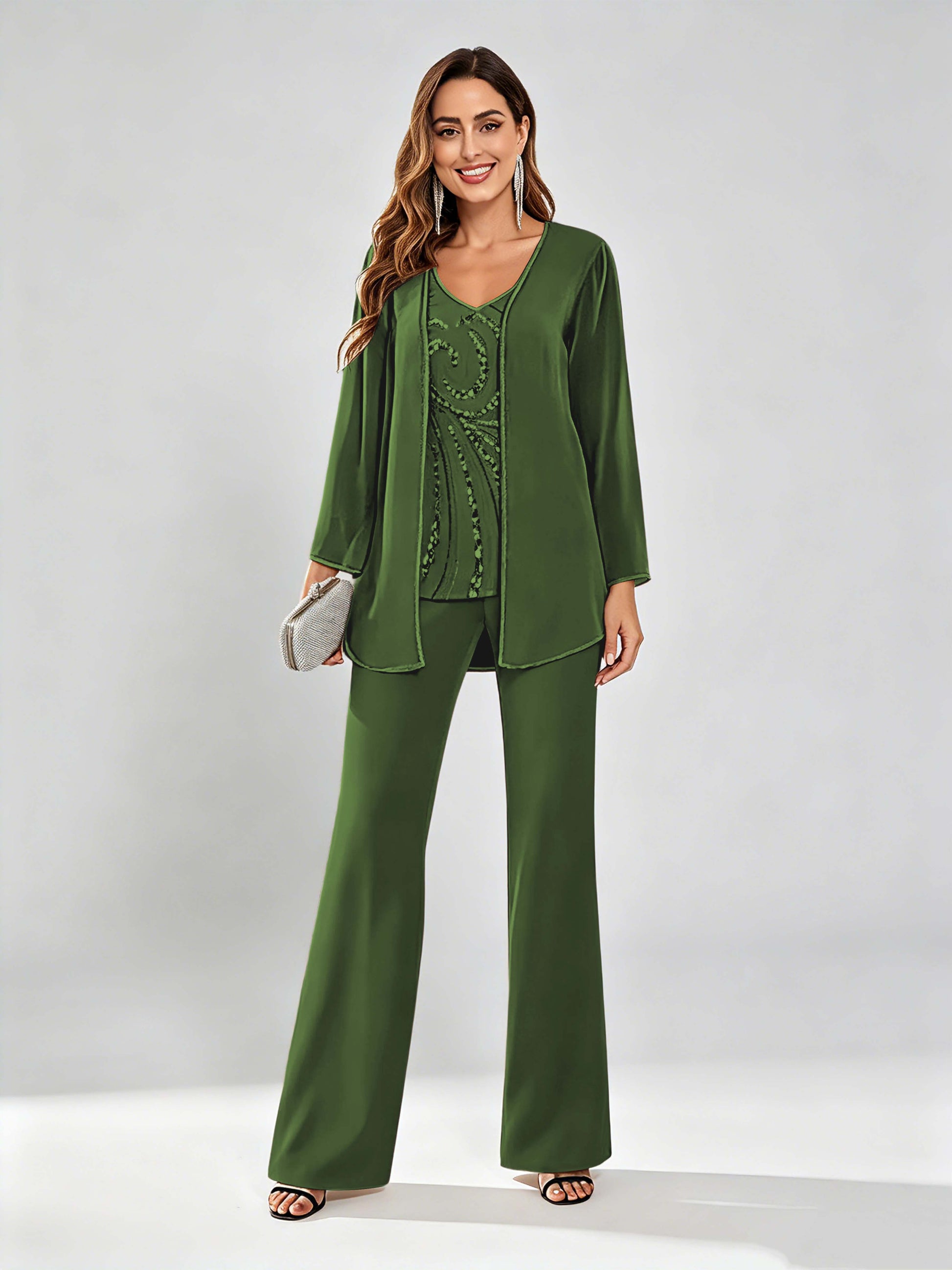 Chiffon Sequin 3 Pieces Mother of The Bride Pant Suits for Women