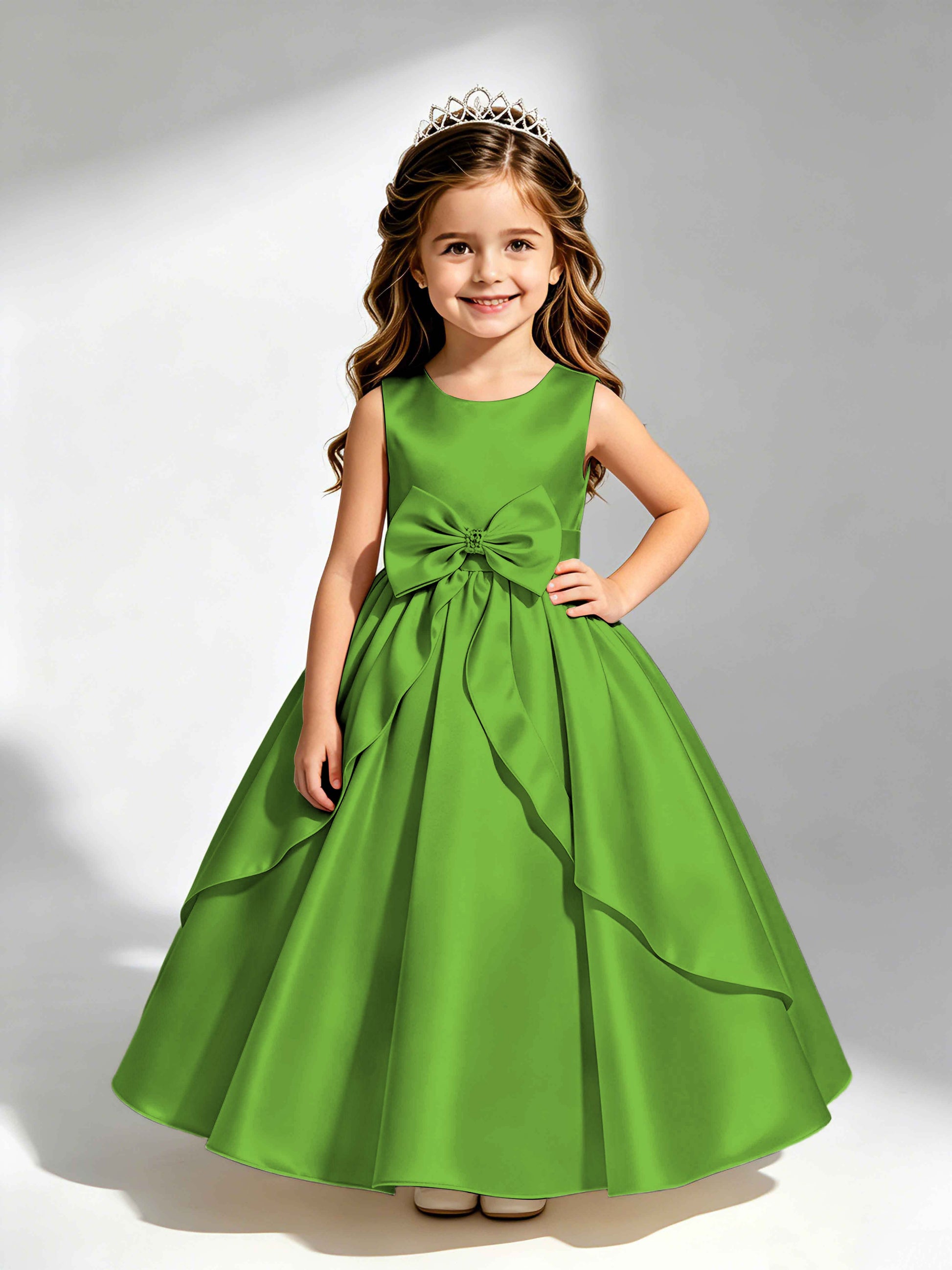 Satin Flower Girl Dress with Bow Princess Girls Pageant Gowns