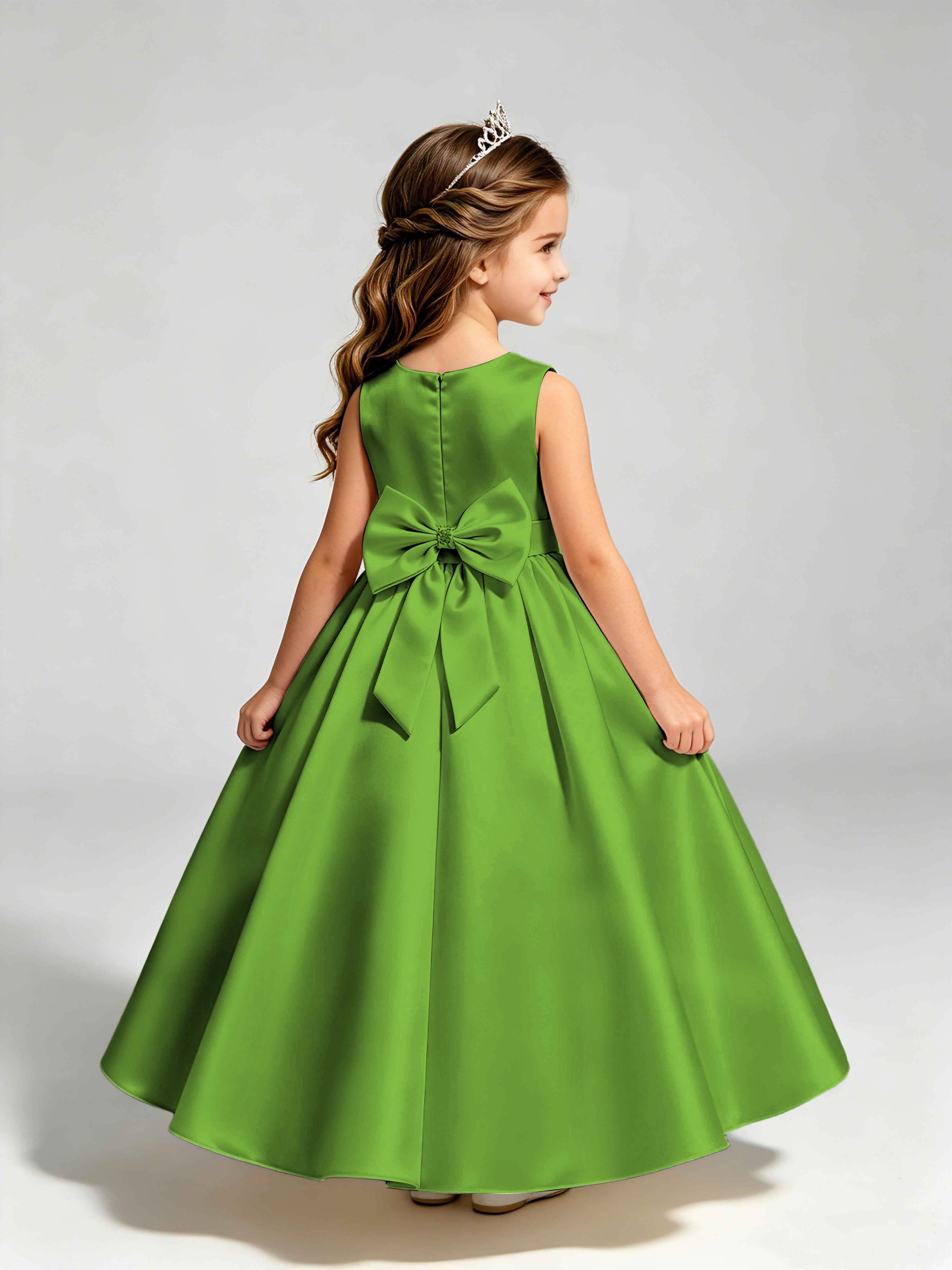 Satin Flower Girl Dress with Bow Princess Girls Pageant Gowns