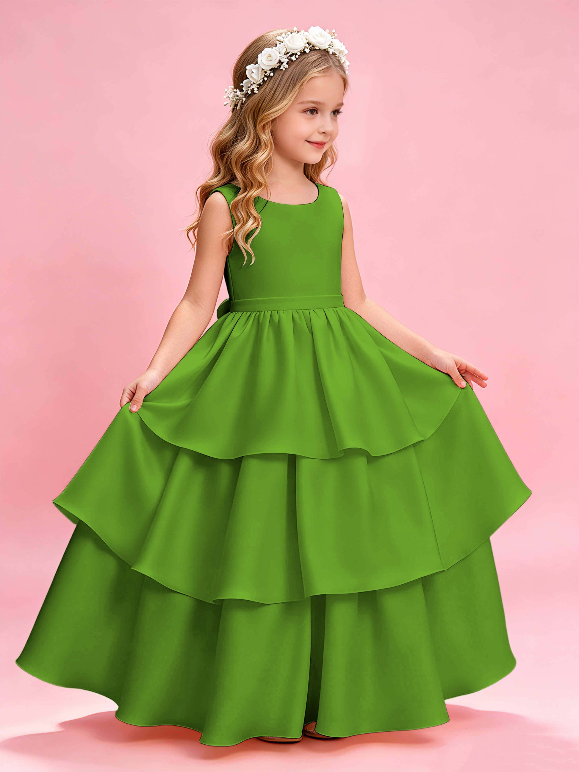 Tiered Flower Girl Dress with Bow Princess Girls Pageant Gowns