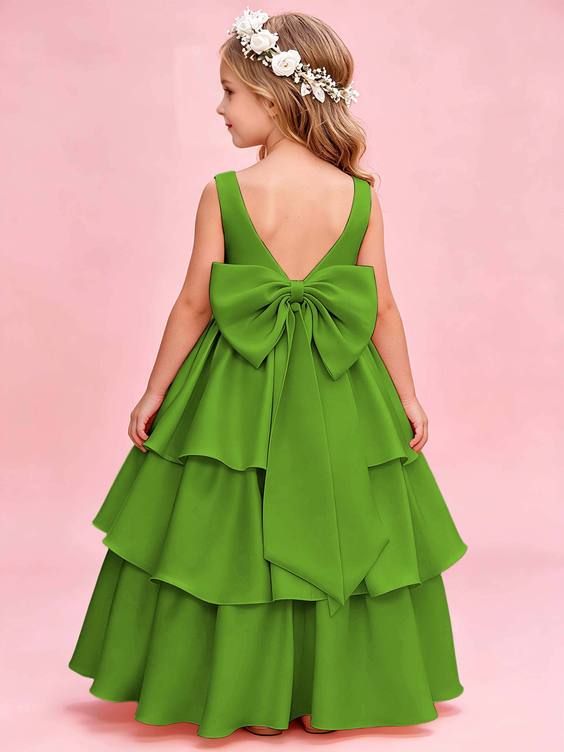 Tiered Flower Girl Dress with Bow Princess Girls Pageant Gowns